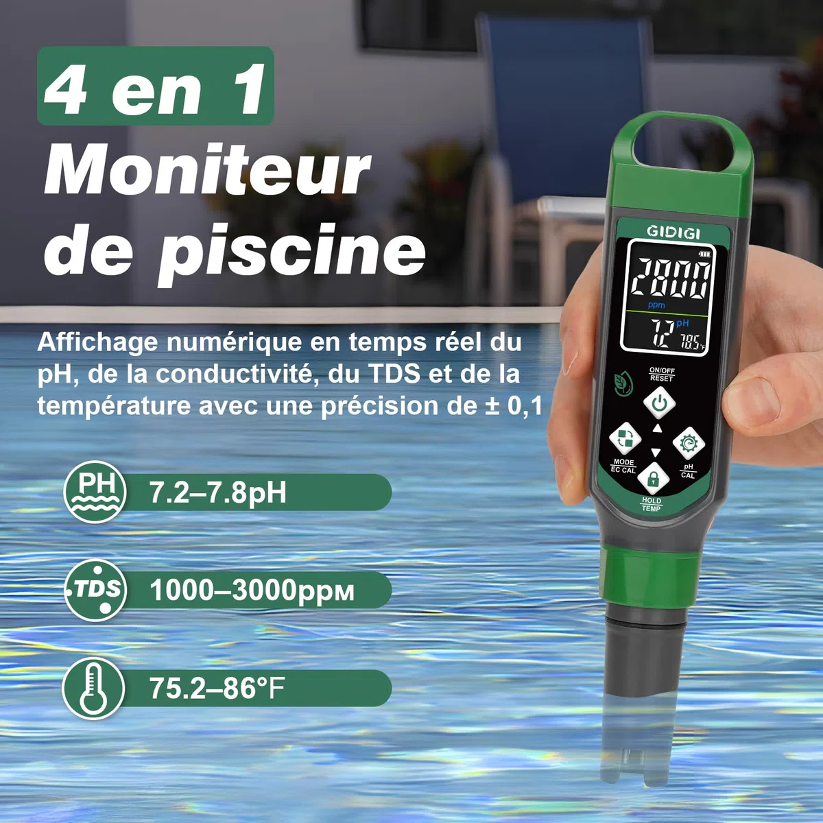 Testeur de pH numérique, testeur de PPM pour l’eau, testeur de pH 4 en 1 avec écran couleur, stylo pour tester la qualité de l’eau pH, EC, TDS et temp, adapté pour hydroponie, piscine, eau potable