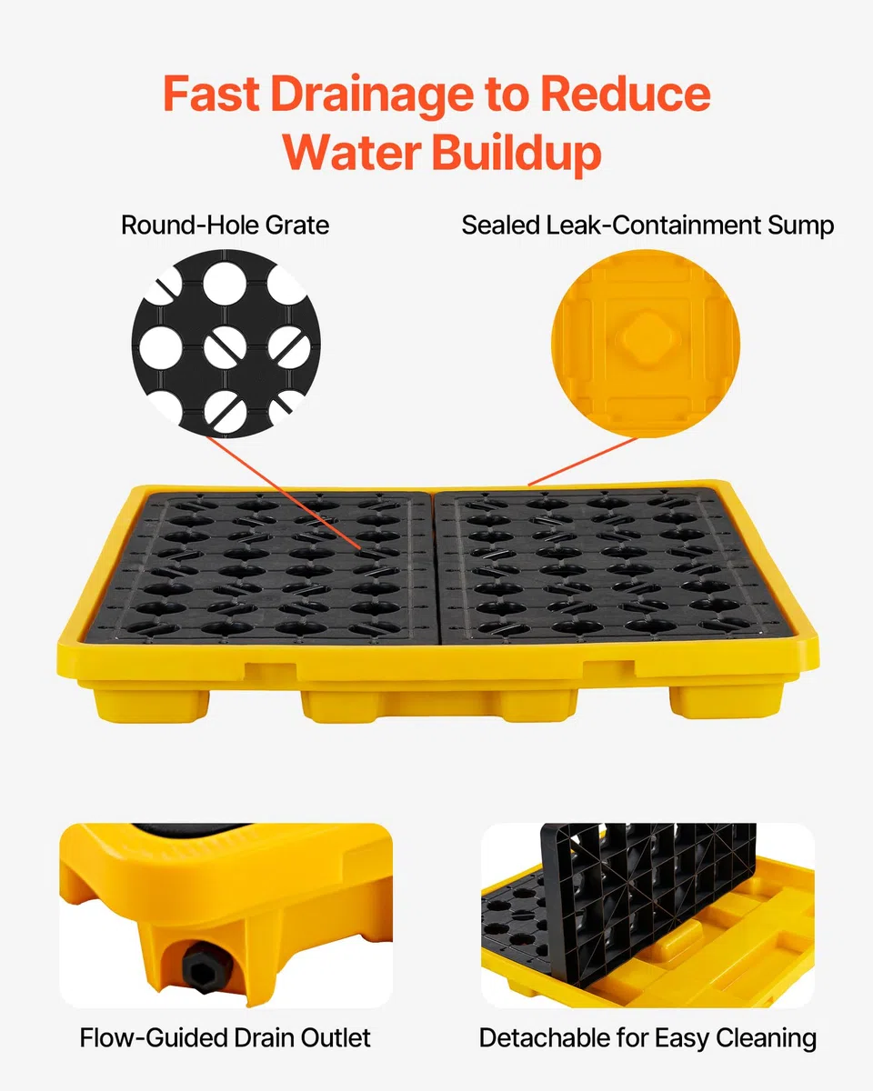 VEVOR Palette de Rétention pour 4 Fûts, Bac de Rétention avec Caillebotis et Drain, Plateforme de Déversement en PEHD à Profil Bas, Capacité 117,4 L, Charge Maximale 4000 kg, 1305x1280x150 mm, Jaune
