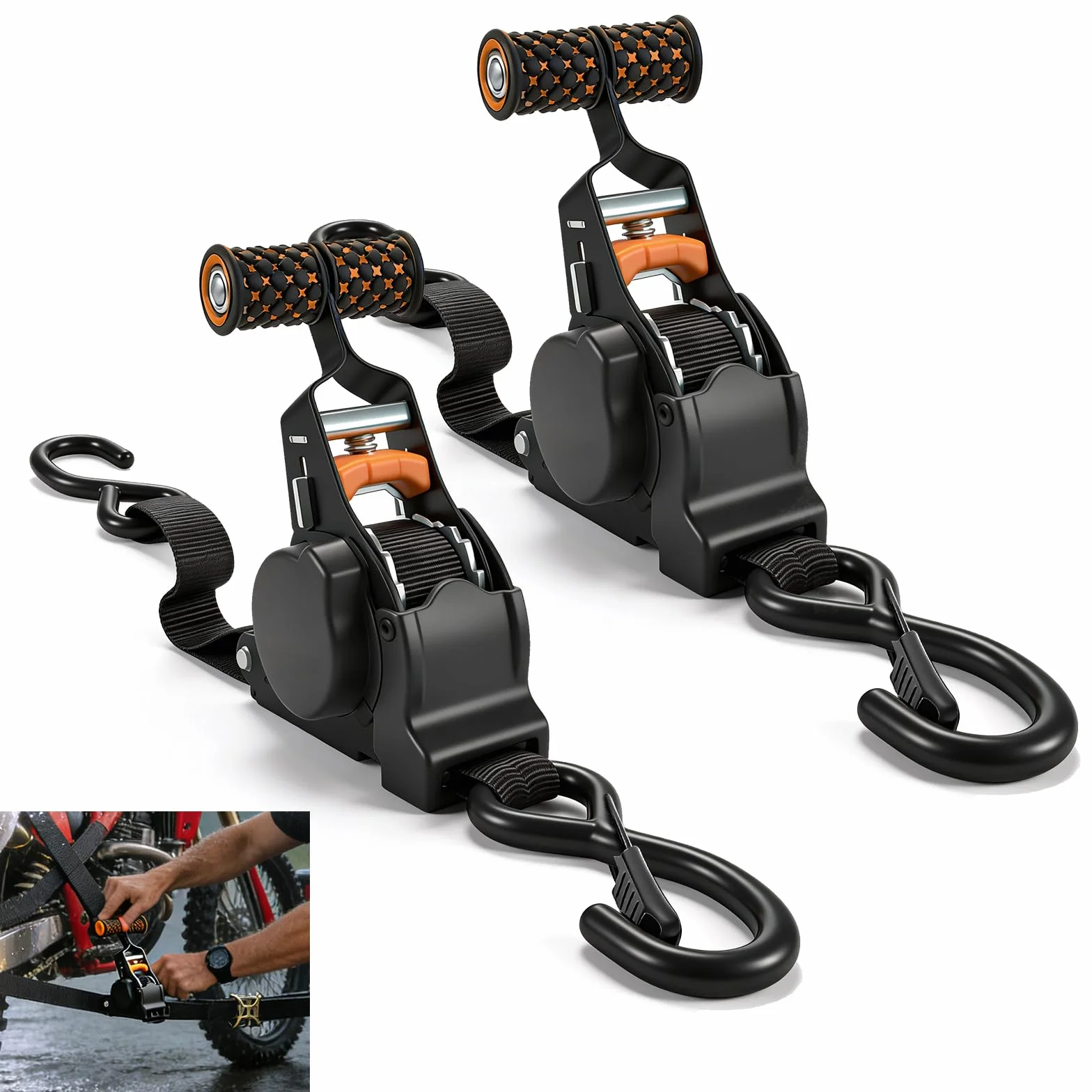 Sangles Auto-enroulantes 2 pièces, Sangles automatiques, 3 m x 25 mm, automatiques avec Crochets en S, résistance à la Rupture de 680 kg, cliquet automatiques pour camions, Motos