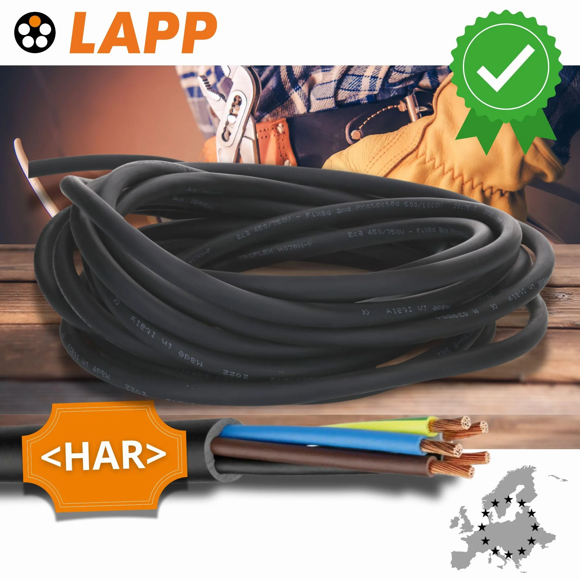 10 mètres Lapp 1600118 H07RN-F 3G2,5mm² Câble en caoutchouc avec conducteur de protection vert-jaune 3x2,5mm².