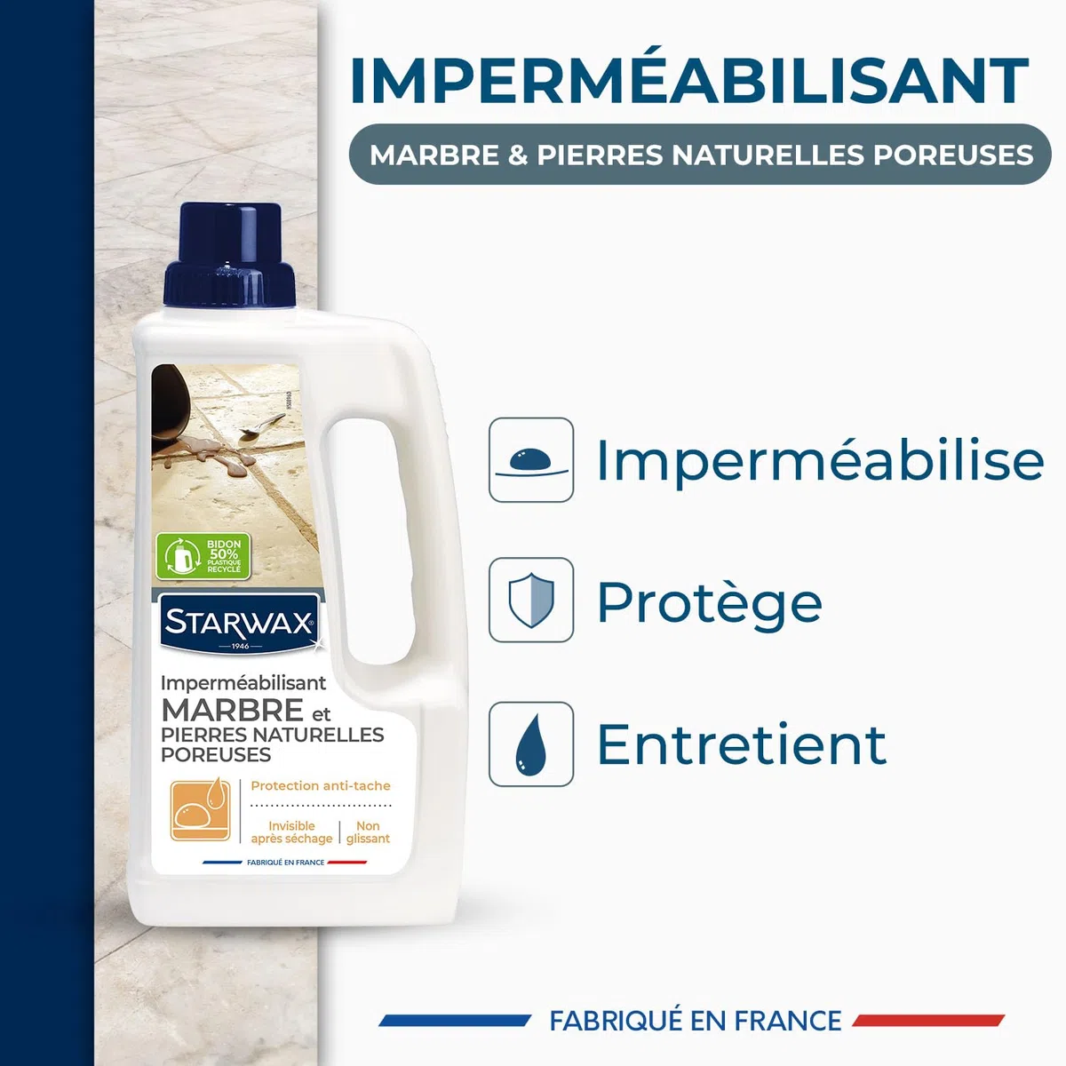 STARWAX Imperméabilisant marbre et pierres naturelles poreuses 1L | Protège contre les taches, protection invisible, efficace contre eau huile vinaigre et graisses, rendement 10 à 20m²