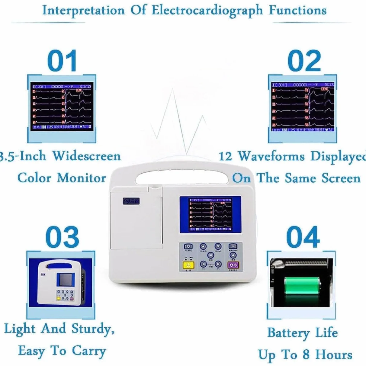 Électrocardiographe numérique Portable à 12 dérivations et 3 canaux, écran LCD Couleur, pour la santé Cardiaque, pour Les Soins intensifs et à Domicile, avec Papier d'impression.