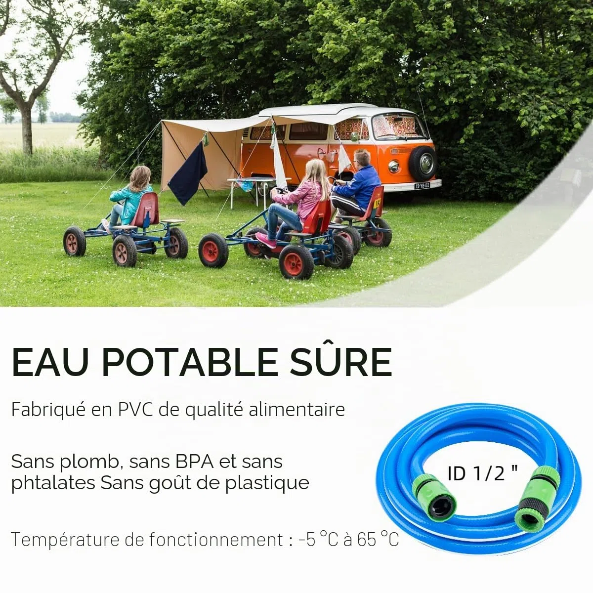 Tuyau d'arrosage de qualité alimentaire avec ensemble de raccords de tuyau pour eau potable, caravane, camping-car et camping-car, 12 mm x 16 mm de diamètre extérieur