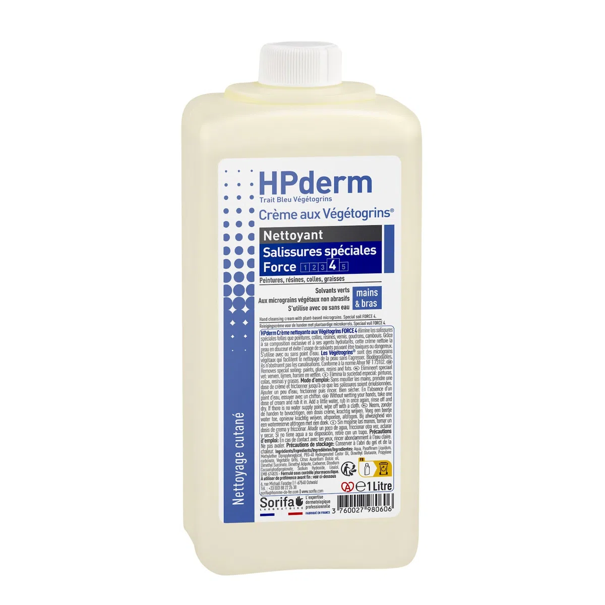 HPderm Crème nettoyante Force 4 - Mains et bras – Graisse, peinture, encre, mastic, goudron, colle, mousse - Sans savon – Flacon 1L.