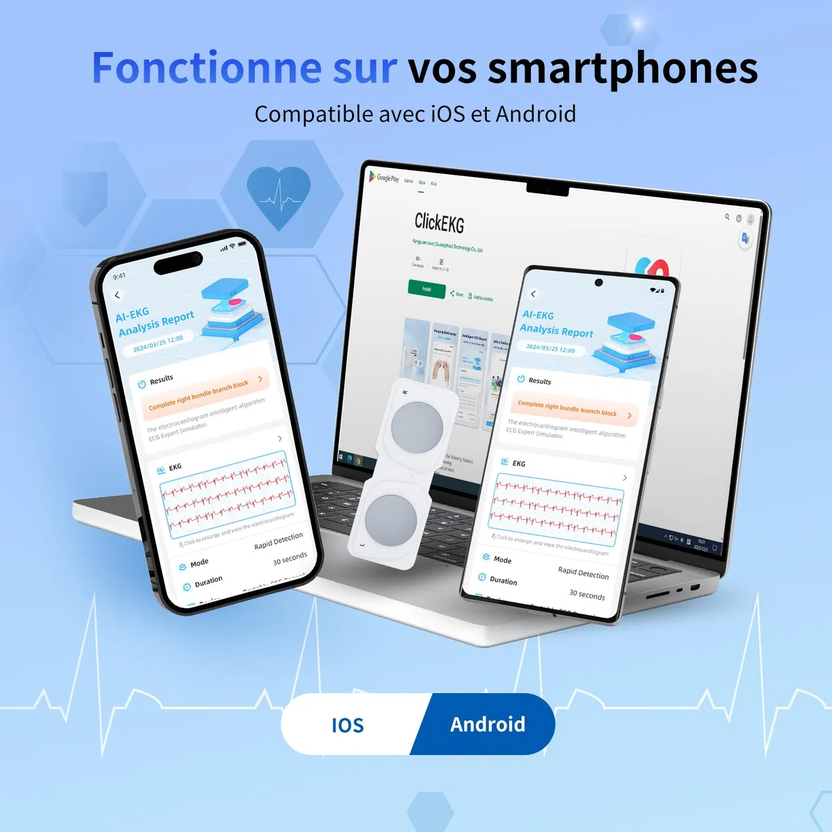 Moniteur ECG mobile, appareil ECG personnel, détecte la fibrillation auriculaire, la bradycardie ou la tachycardie en 30 secondes, moniteur de fréquence cardiaque, application pour iOS/Android
