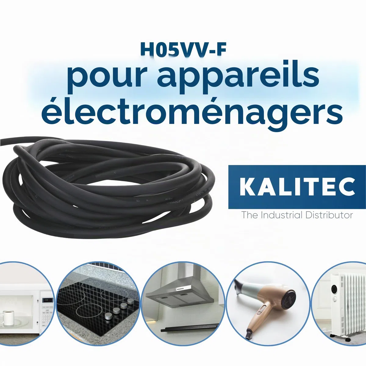 Kalitec H05VV-F Câble flexible de 10 m - 5 x 0,75 mm² - Câble d'alimentation 5G0,75 mm² avec conducteur de protection - Câble en PVC pour l'intérieur - Câble électrique noir - Câble de lampe flexible