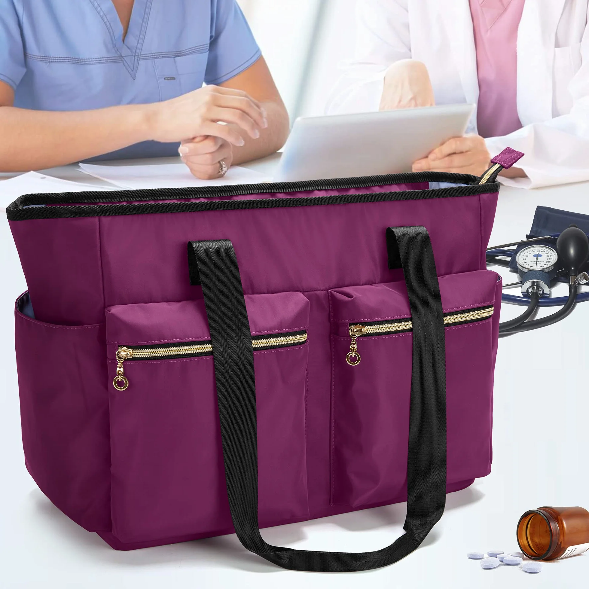 Damero Sac d'infirmière pour Fournitures de Travail, Sacs Médicaux avec Pochette pour Ordinateur Portable pour Infirmière, Étudiants et Médecins, Rose
