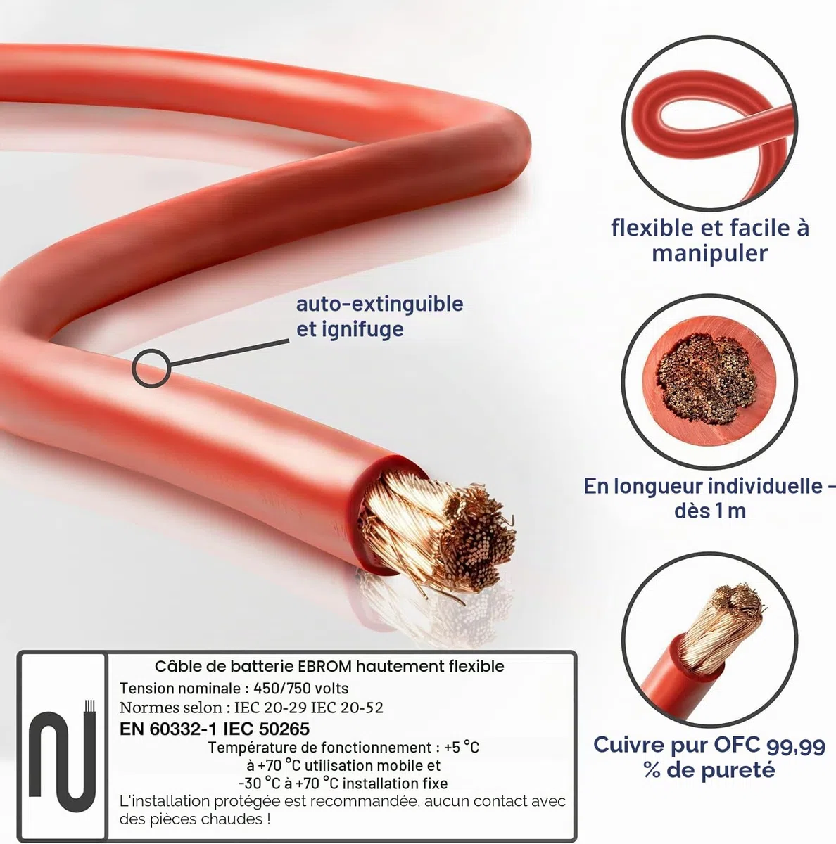 EBROM Câble de batterie très flexible Hi-Flex (Hi Flex) 70 mm² Au mètre en rouge - Très flexible Gaine en PVC (70 ± 5 Shore) 100 % cuivre 70 mm² Comme câble de démarrage, câble de chargement ou autre