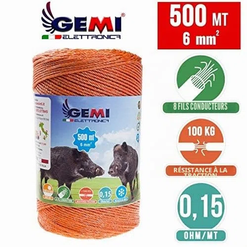 Gemi Fil pour Clôture Électrique avec Conducteurs Renforcés pour Animaux et Protection Anti-Sanglier 500 m 6 mm²
