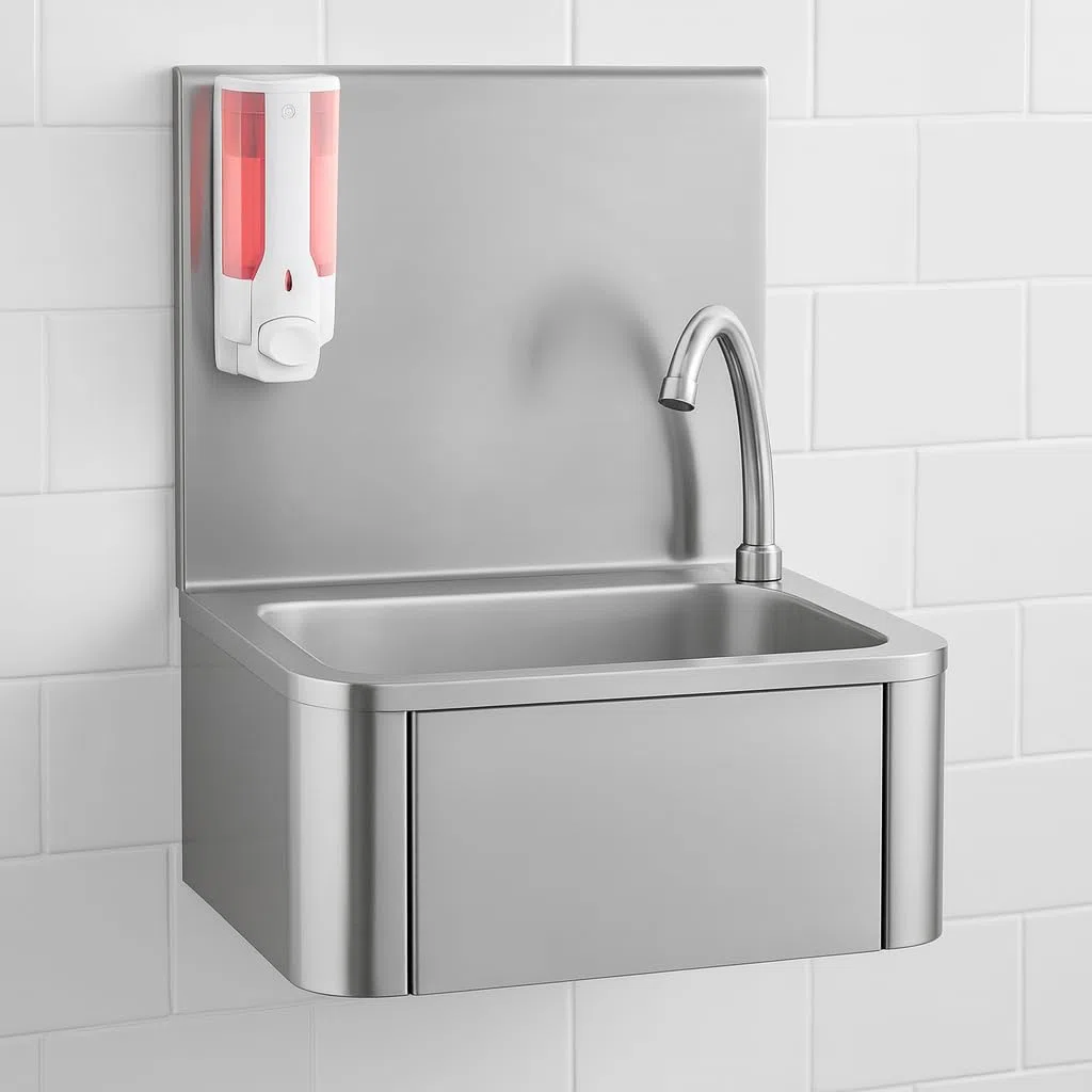 Lave-Mains Professionnel en Acier Inoxydable – Mitigeur à Commande Fémorale – Distributeur de Savon Inclus – Hygiène sans Contact – Montage Mural