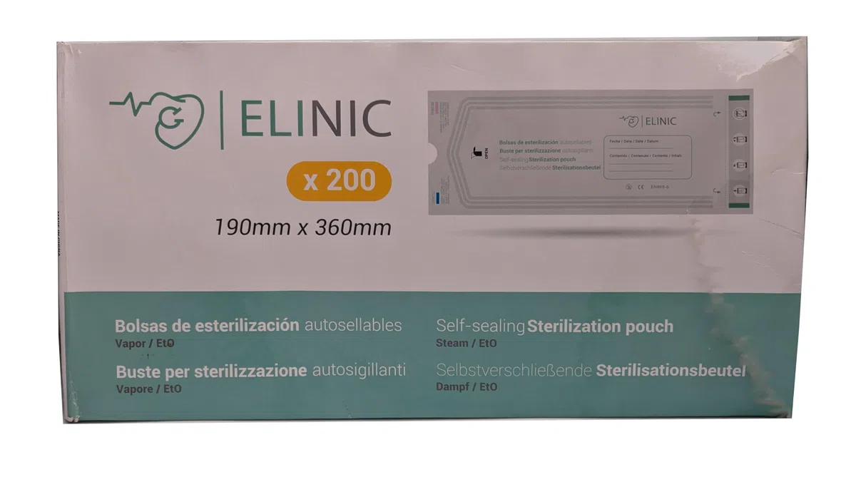Lot de 200 sacs auto-adhésifs pour stérilisation à la vapeur et EtO (190 x 360 mm)