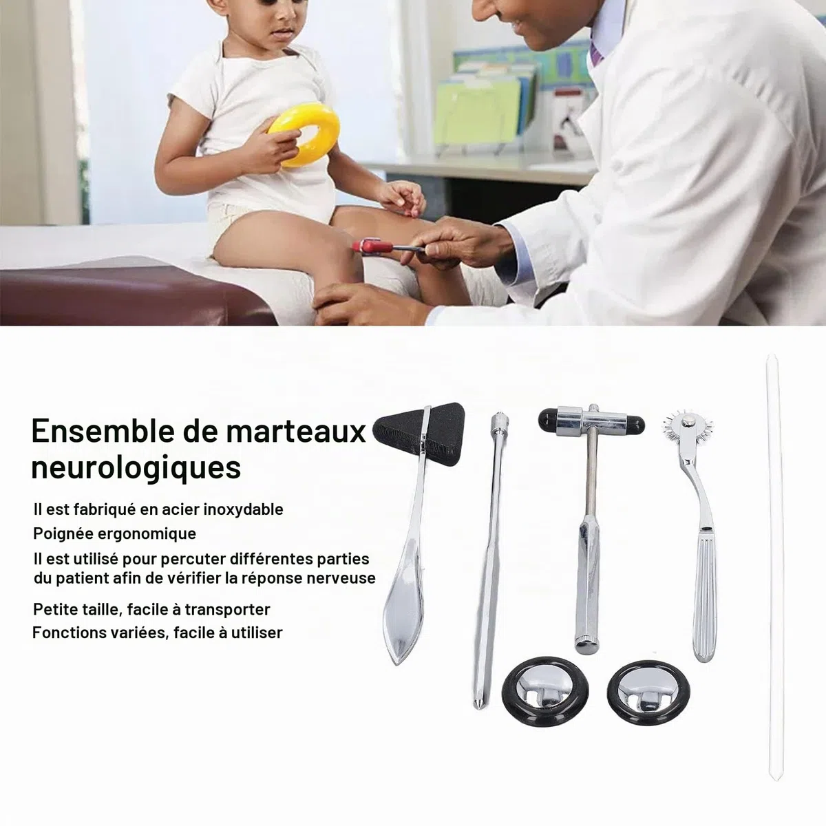 Ensemble de Marteau Réflexe Neurologique 5 Pièces - Portable Multifonctionnel en Acier Inoxydable pour Examen du Système Nerveux