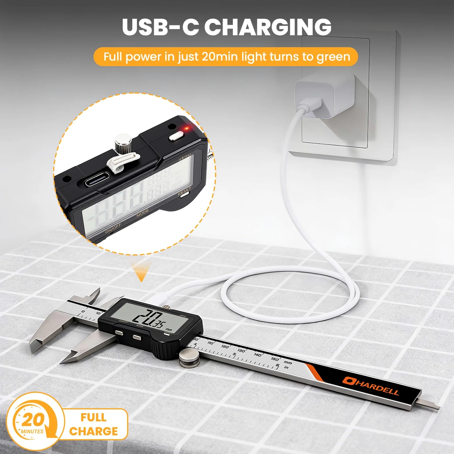 HARDELL Pied à coulisse numérique rechargeable 150 mm, outil de mesure précis avec conversion mm/in, arrêt auto, grand écran. Idéal pour bijoutiers, menuisiers, bricolage.