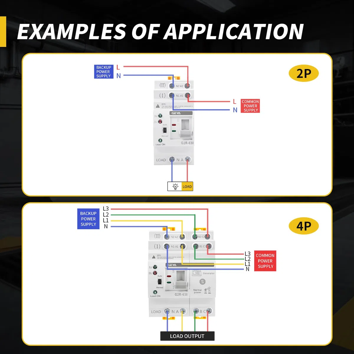GEYA Mini ATS Interrupteur de transfert double alimentation automatique et manuel,interrupteur solaire avec protection surtension et sous-tension,montage sur rail DIN(2P-63A,CA220V)