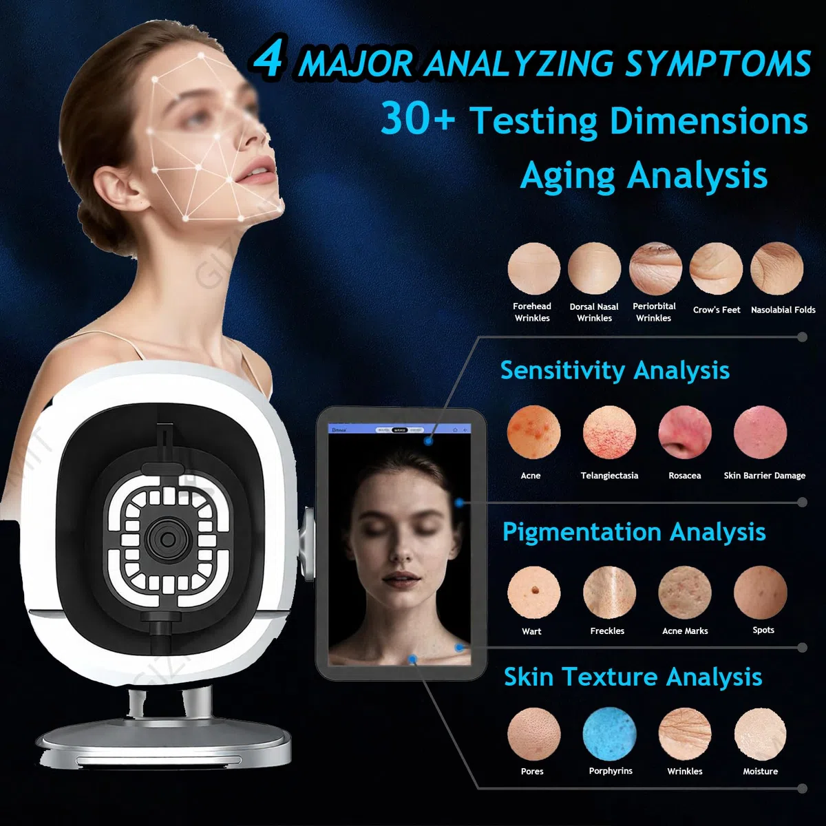 Analyseur de Peau Professionnel, Appareil d'analyse cutanée IA avec caméra HD 30 MP, Diagnostic Professionnel pour l'évaluation des Soins de la Peau, Stockage des rapports dans Le Cloud