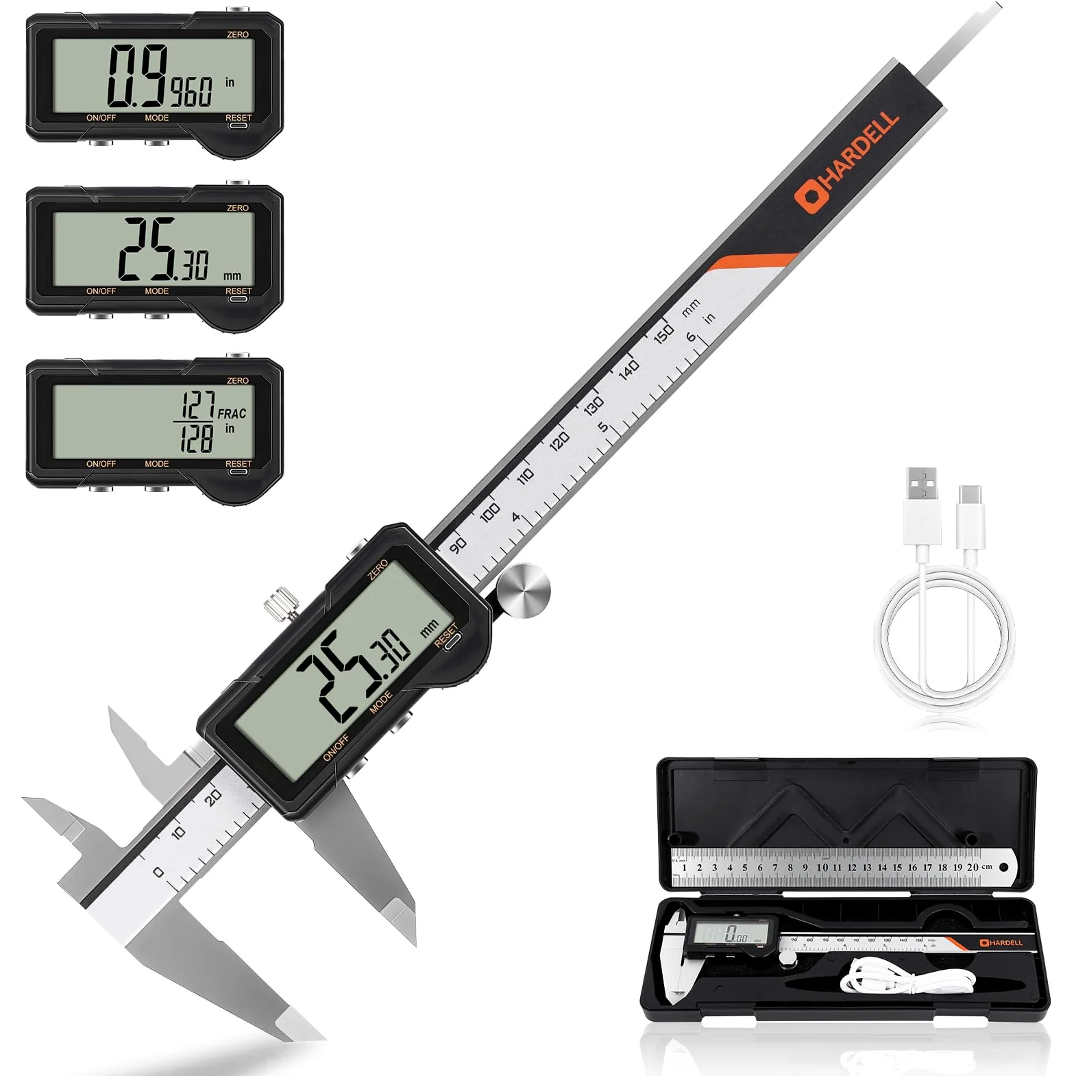 HARDELL Pied à coulisse numérique rechargeable 150 mm, outil de mesure précis avec conversion mm/in, arrêt auto, grand écran. Idéal pour bijoutiers, menuisiers, bricolage.