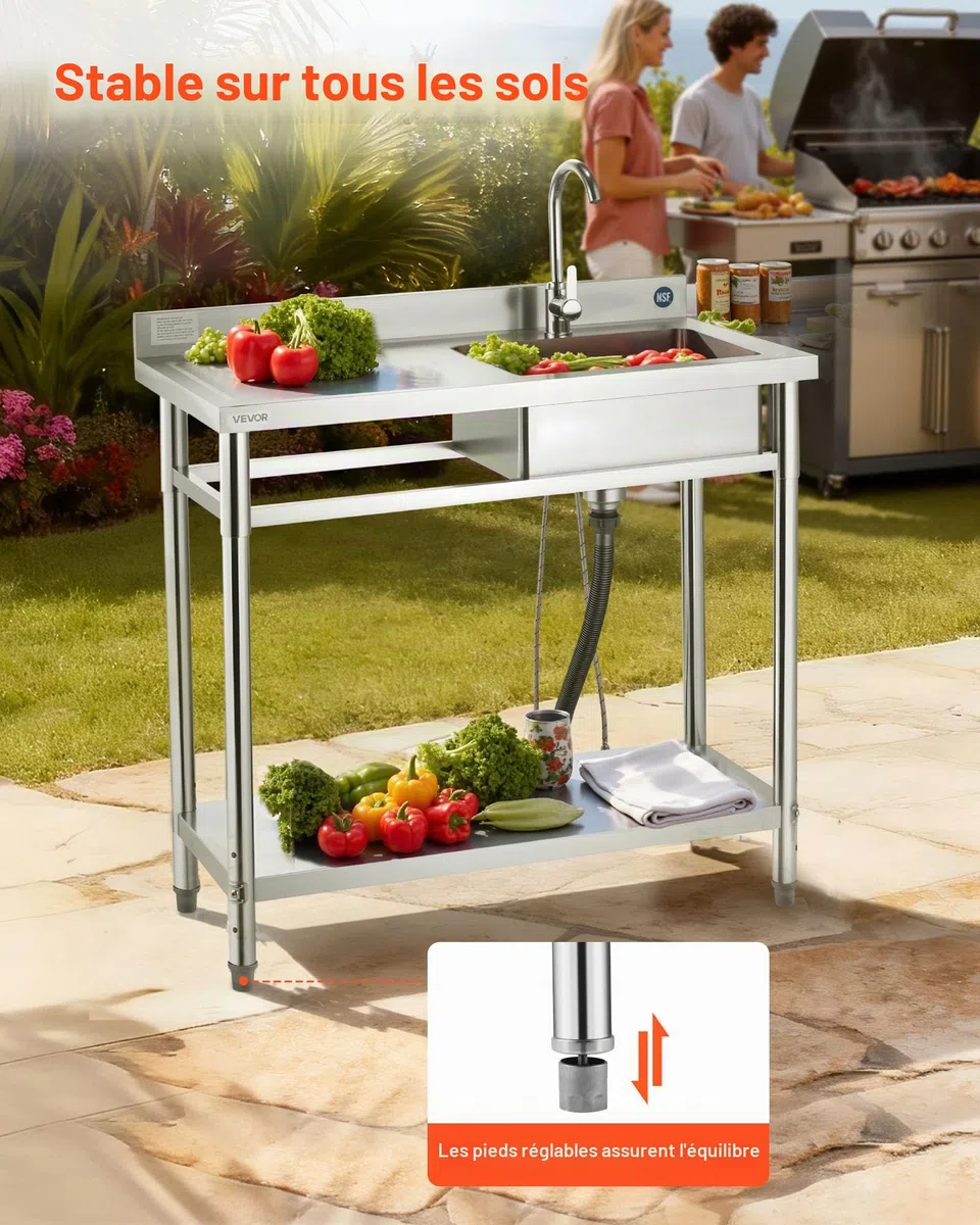 VEVOR Évier cuisine utilitaire en acier inoxydable, évier professionnel autoportant à cuve unique droite, avec robinet, tuyau d'eau chaude et froide pour garage, restaurant, buanderie, 100x50x94 cm
