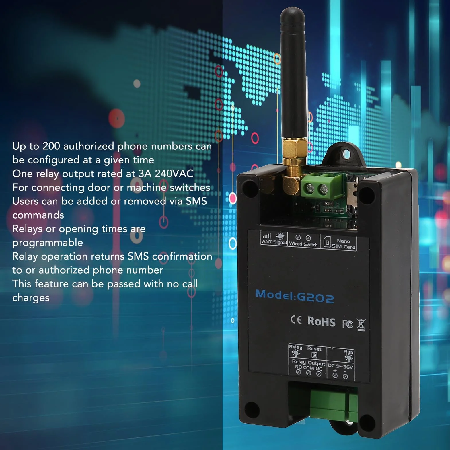 Télécommande de Portail GSM G202, Interrupteur à Distance, Sortie 3 A 240 VAC, Programmable avec 200 Chiffres, Fonctionnement Relais, Quadri-bande Globale, pour Portes,