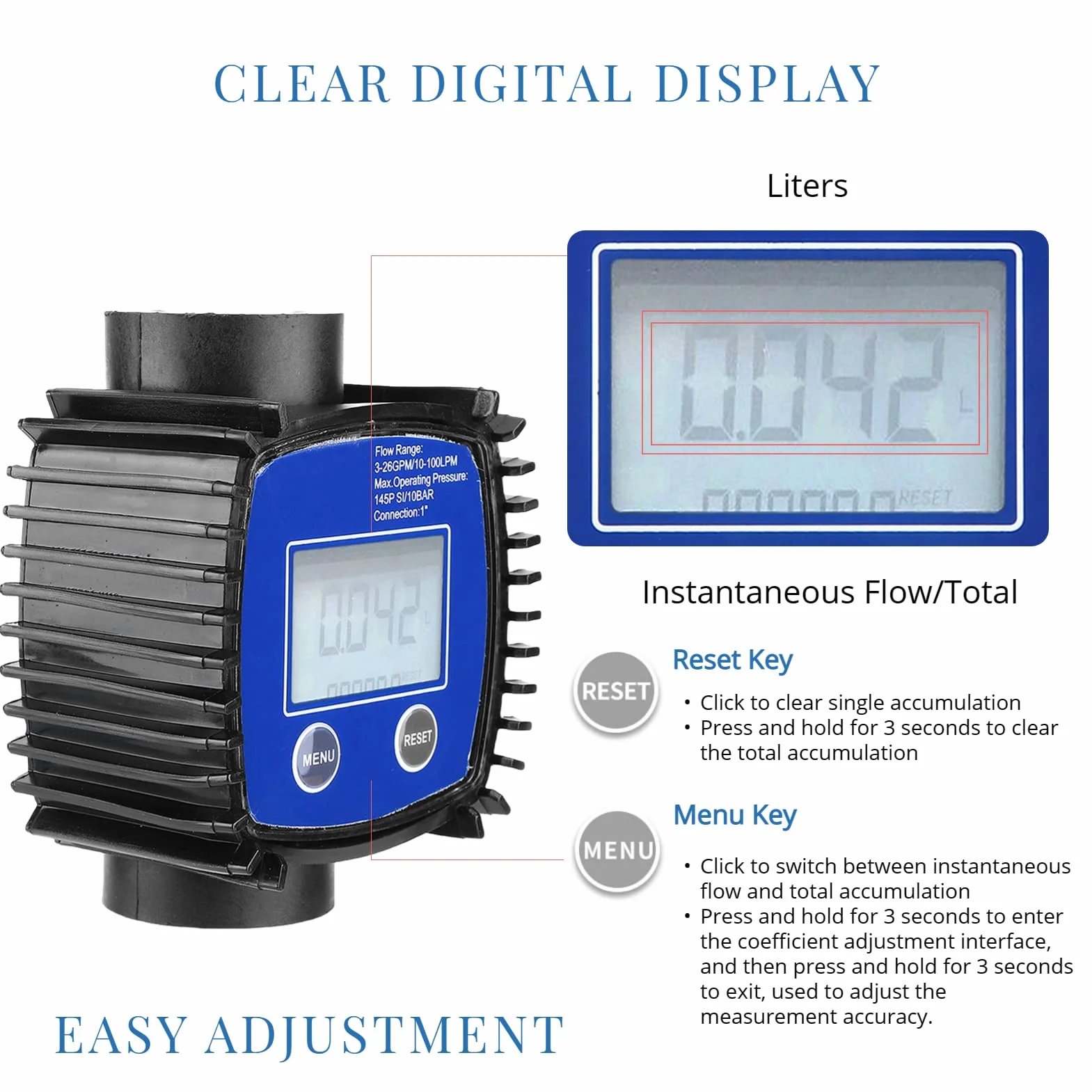 Débitmètre numérique, 5-120 L/Min, débitmètre à turbine de 1 pouce avec affichage LCD, débitmètre de carburant avec une précision de 1% pour les liquides chimiques