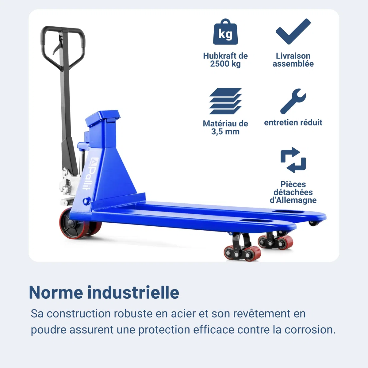 Pallit Transpalette Peseur Scale+ - 2500 kg, Pas 0,5 kg, Fourches 1150 mm | Balance numerique precision 1% pour pesage direct de palette, roues PU silencieuses et timon ergonomique haute capacite