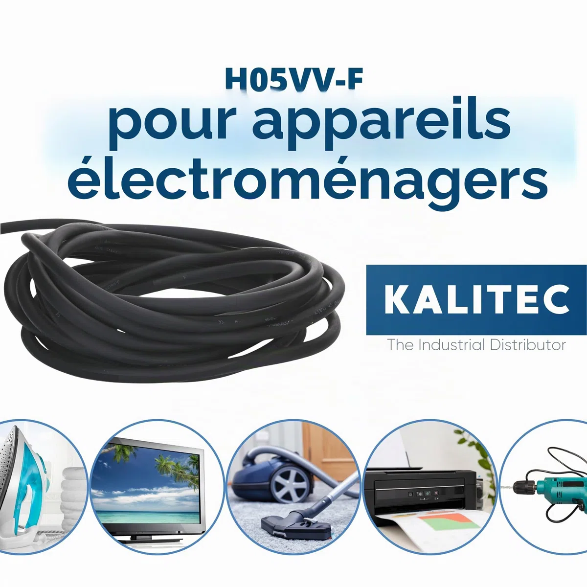 Kalitec H05VV-F Câble flexible de 10 m - 5 x 0,75 mm² - Câble d'alimentation 5G0,75 mm² avec conducteur de protection - Câble en PVC pour l'intérieur - Câble électrique noir - Câble de lampe flexible
