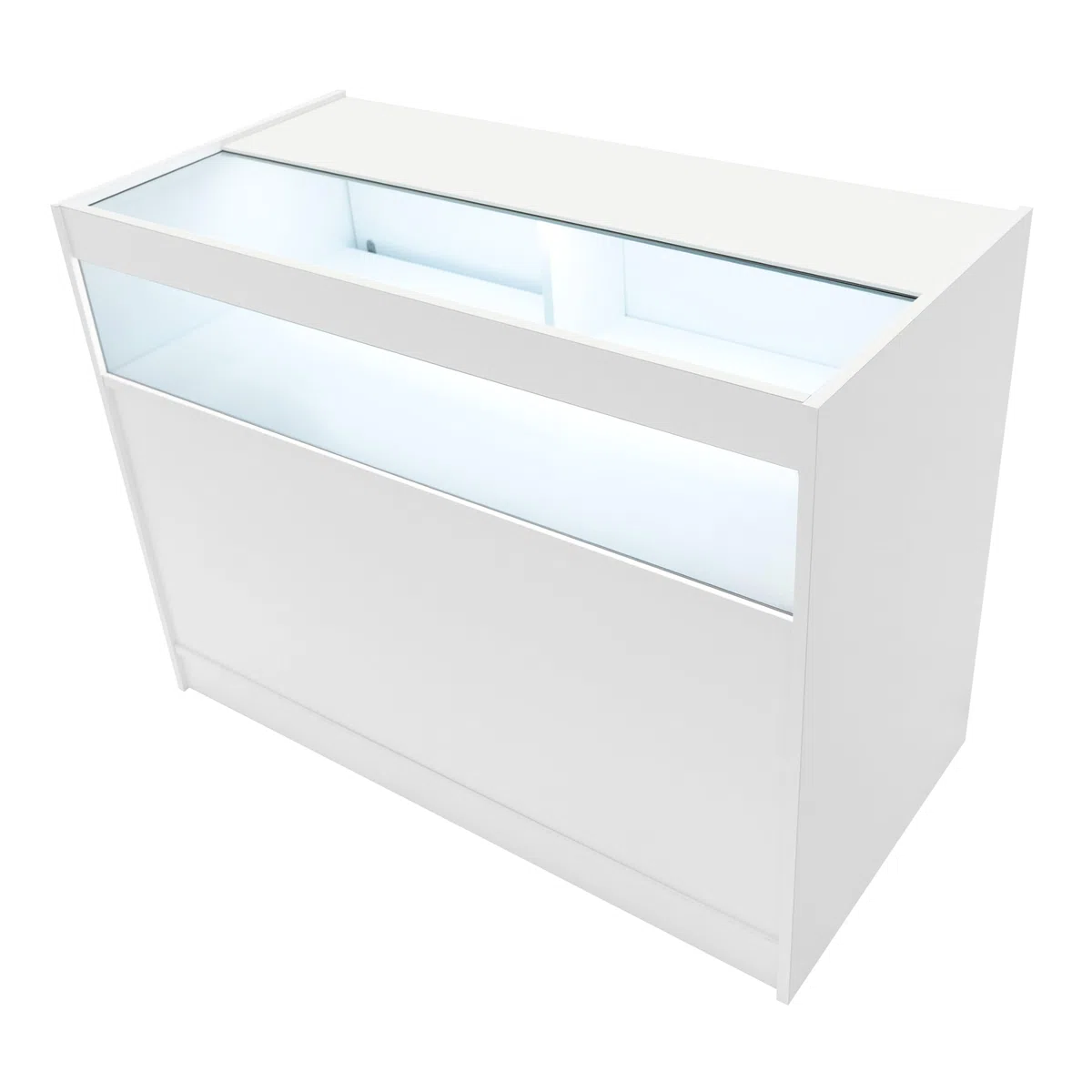 Comptoirs de Vente en MDF Blanc à LED Blancs Ensemble Sagittarius LM60 TB60 B1200 3 Unités de Rangement Étagères Internes Portes Coulissantes Verouillables Réception Bureau Vêtements [Clés INCLUS]