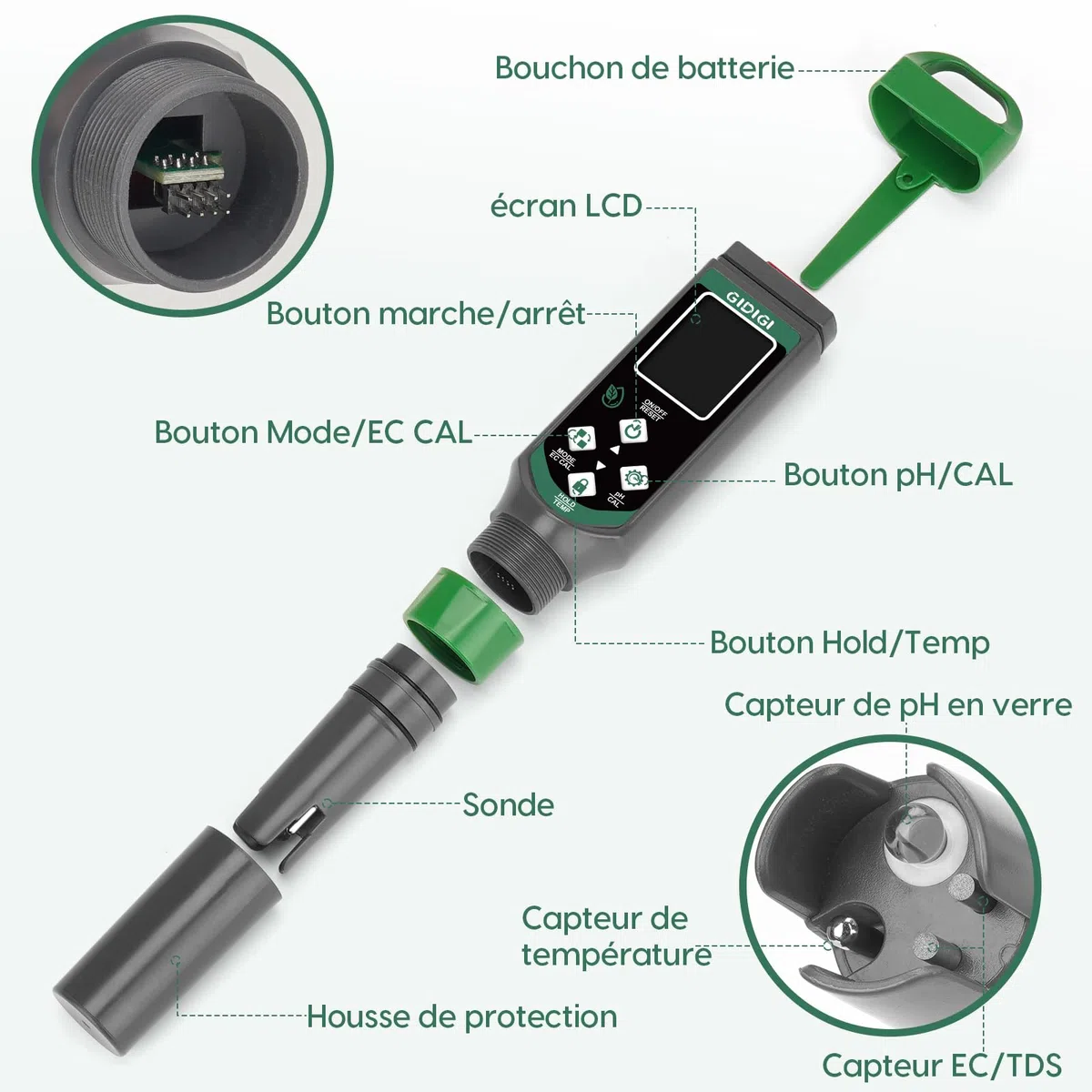 Testeur de pH numérique, testeur de PPM pour l’eau, testeur de pH 4 en 1 avec écran couleur, stylo pour tester la qualité de l’eau pH, EC, TDS et temp, adapté pour hydroponie, piscine, eau potable