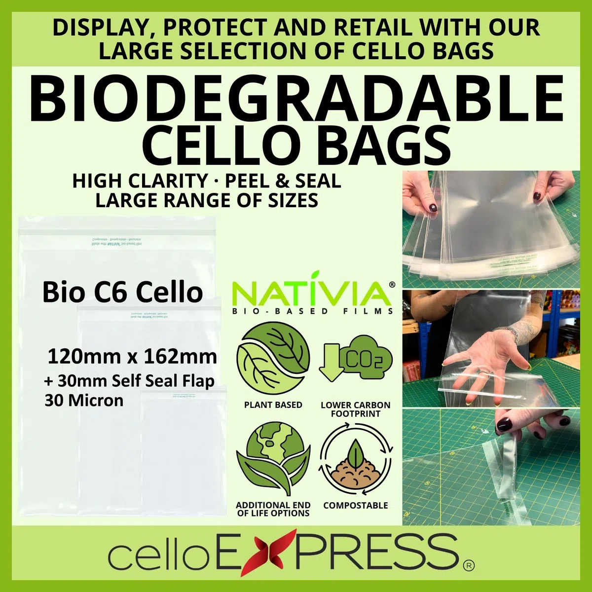 celloexpress Lot de 250 pochettes biodégradables pour cartes de vœux en cellophane C6 - 120 mm x 162 mm + rabat autocollant de 30 mm - 30 microns