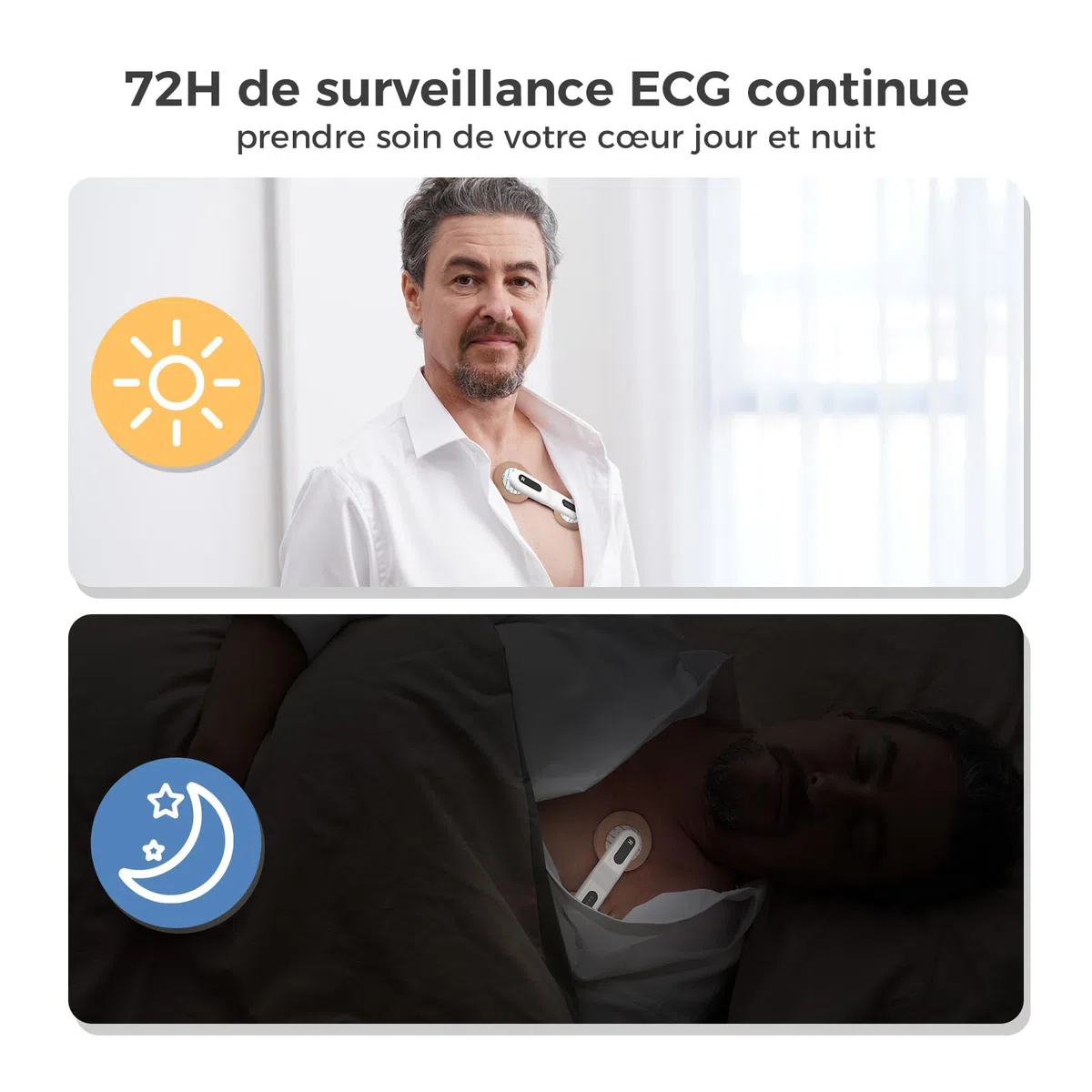 CheckMe ER1-LW Moniteur ECG Portable 72 Heures avec Analyse ECG AI, Fonction Marqueur D'événement ECG, App & PC-software, Compatible avec Les Électrodes à pression de 4 mm