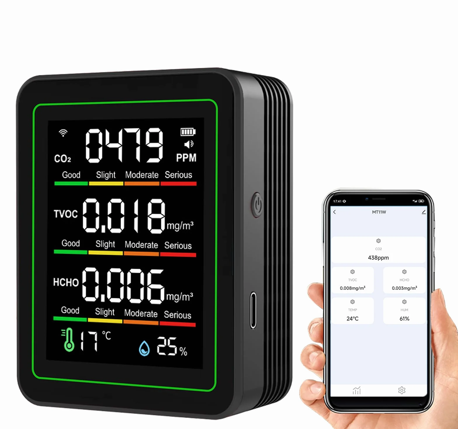 Moniteur intelligent de qualité de l'air 5 en 1 : WiFi intérieur qualité de l'air, compteur détecte TVOC, CO2, HCHO, température et humidité, pour la maison et le bureau avec contrôle de l'application