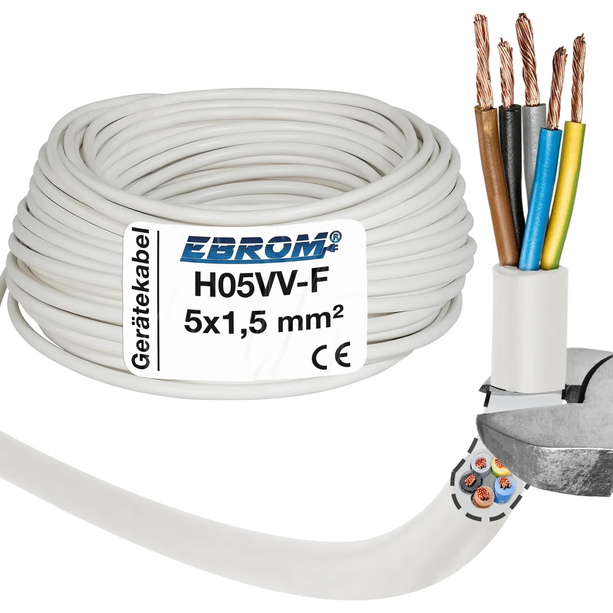 Câble H05VV-F 5G1,5 mm² - 5 x 1,5 mm² - Blanc - 10 m, 25 m, 50 m ou 100 m