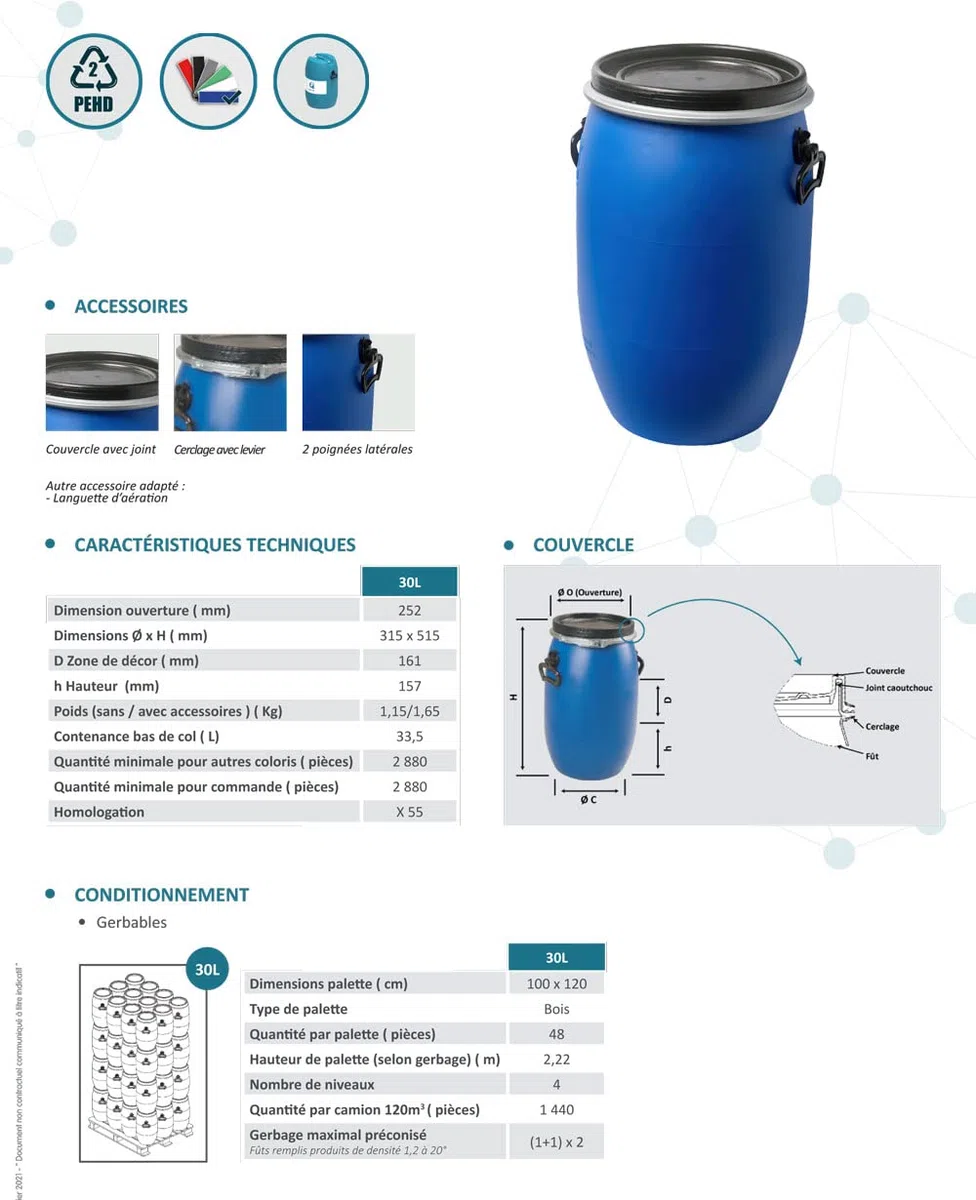 Aude plastique - FUT/Bidon 30 litres Bleu à Ouverture Totale (1)