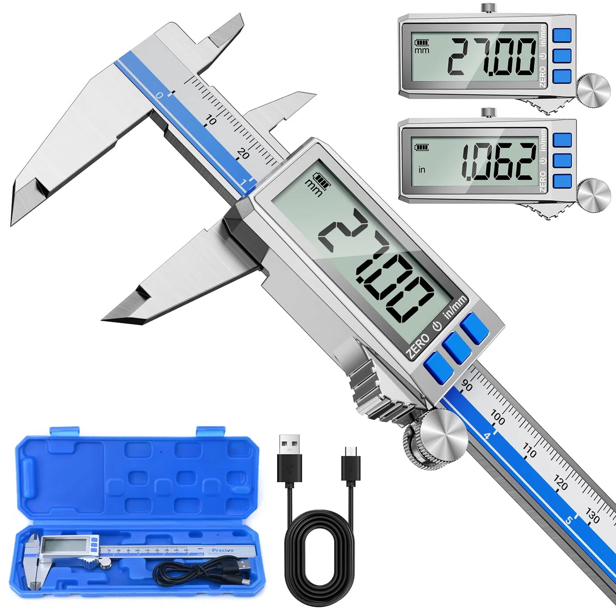 Preciva Pied a Coulisse Numérique Rechargeable,150mm Pied à Coulisse de Précision,Étanche IP54,Écran LCD Large, mm/inch/fraction,Câble de Recharge Type-C Inclus