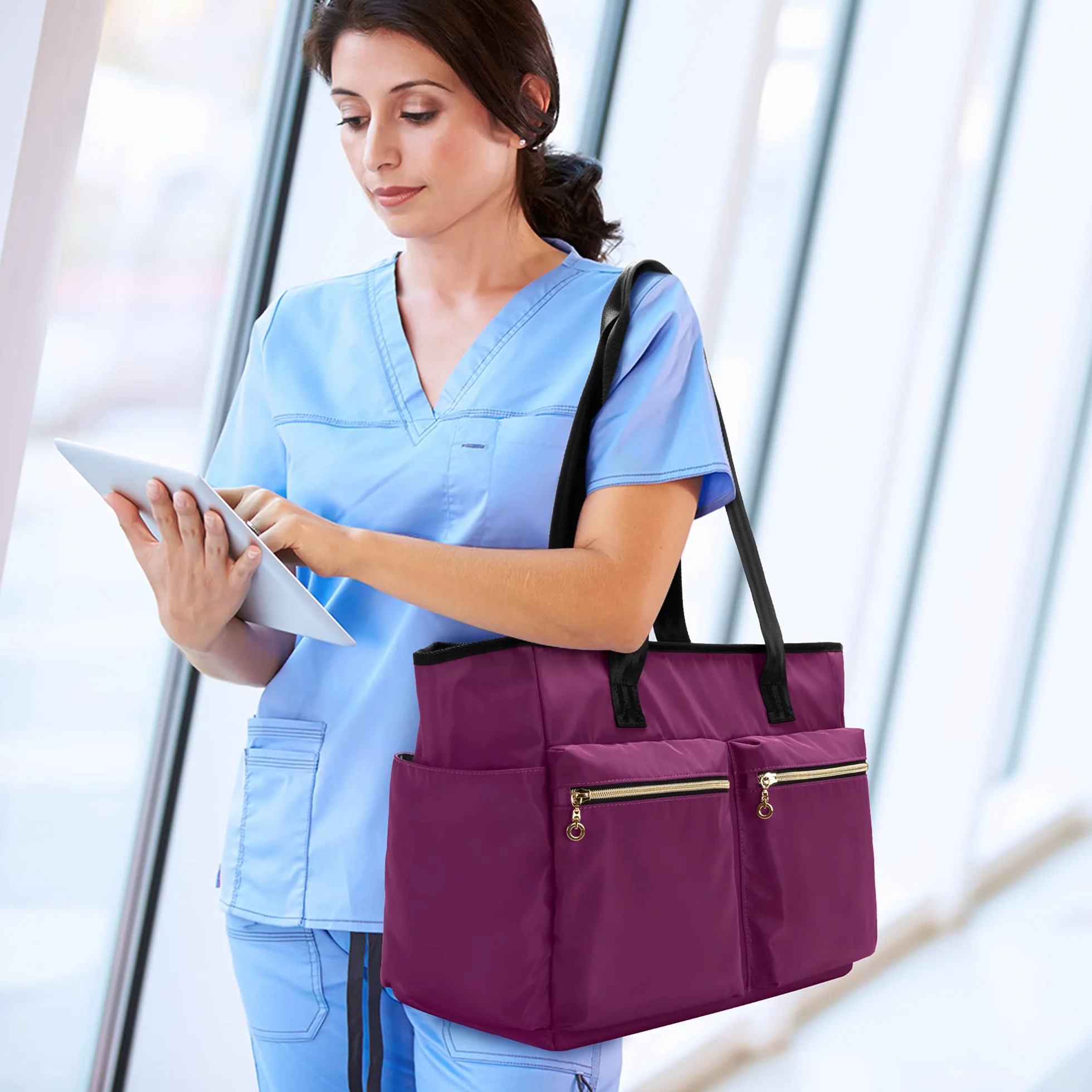 Damero Sac d'infirmière pour Fournitures de Travail, Sacs Médicaux avec Pochette pour Ordinateur Portable pour Infirmière, Étudiants et Médecins, Rose