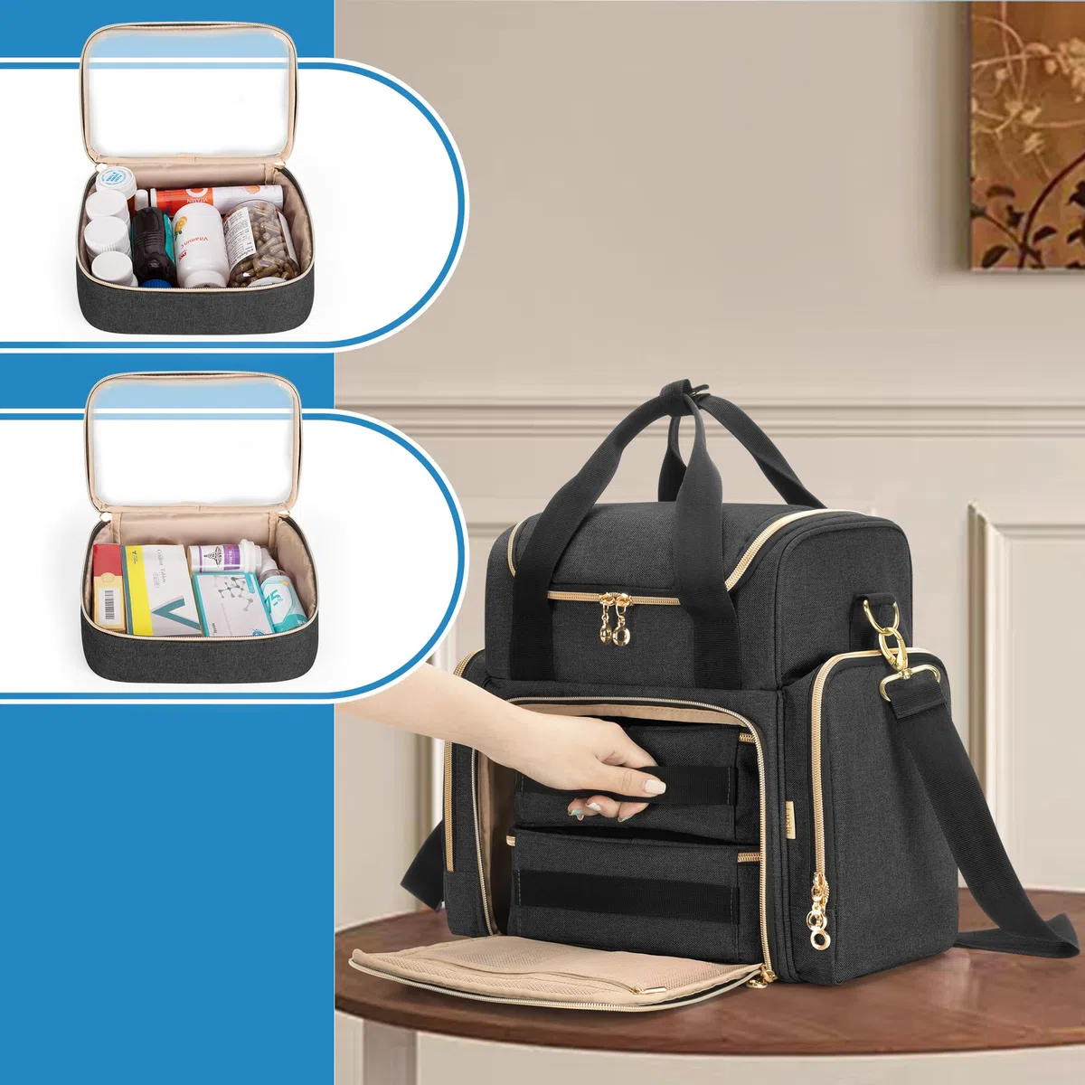 Luxja Grand Sac de Médecine avec 2 Étuis Amovibles, Sac de Rangement de Médicaments avec Plusieurs Sections de Rangement (Adaptées aux Voyages ou à la Maison), Noir