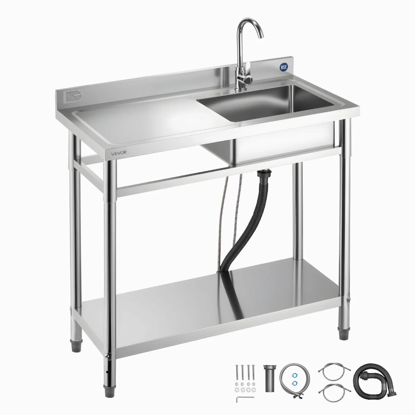 VEVOR Évier cuisine utilitaire en acier inoxydable, évier professionnel autoportant à cuve unique droite, avec robinet, tuyau d'eau chaude et froide pour garage, restaurant, buanderie, 100x50x94 cm
