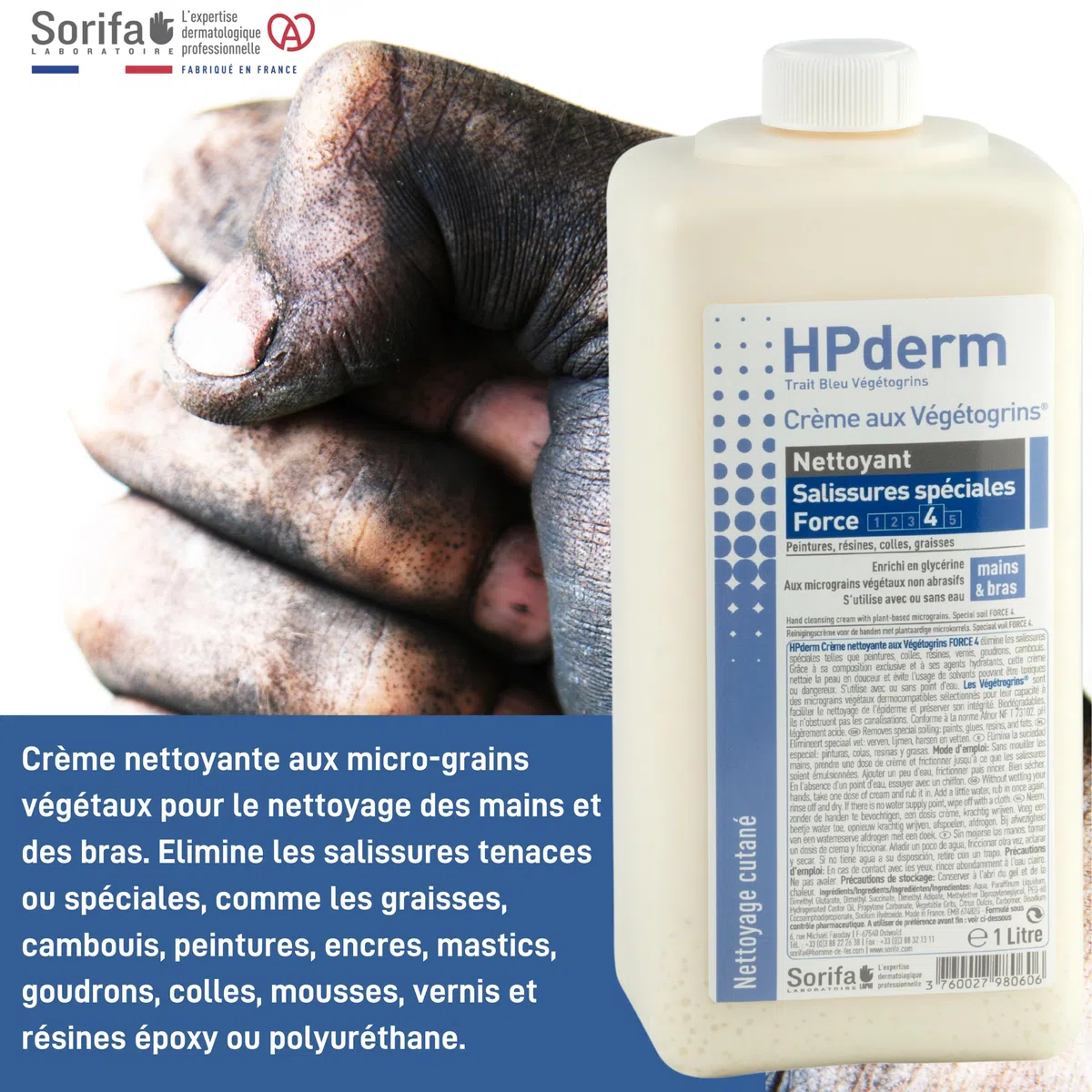 HPderm Crème nettoyante Force 4 - Mains et bras – Graisse, peinture, encre, mastic, goudron, colle, mousse - Sans savon – Flacon 1L.