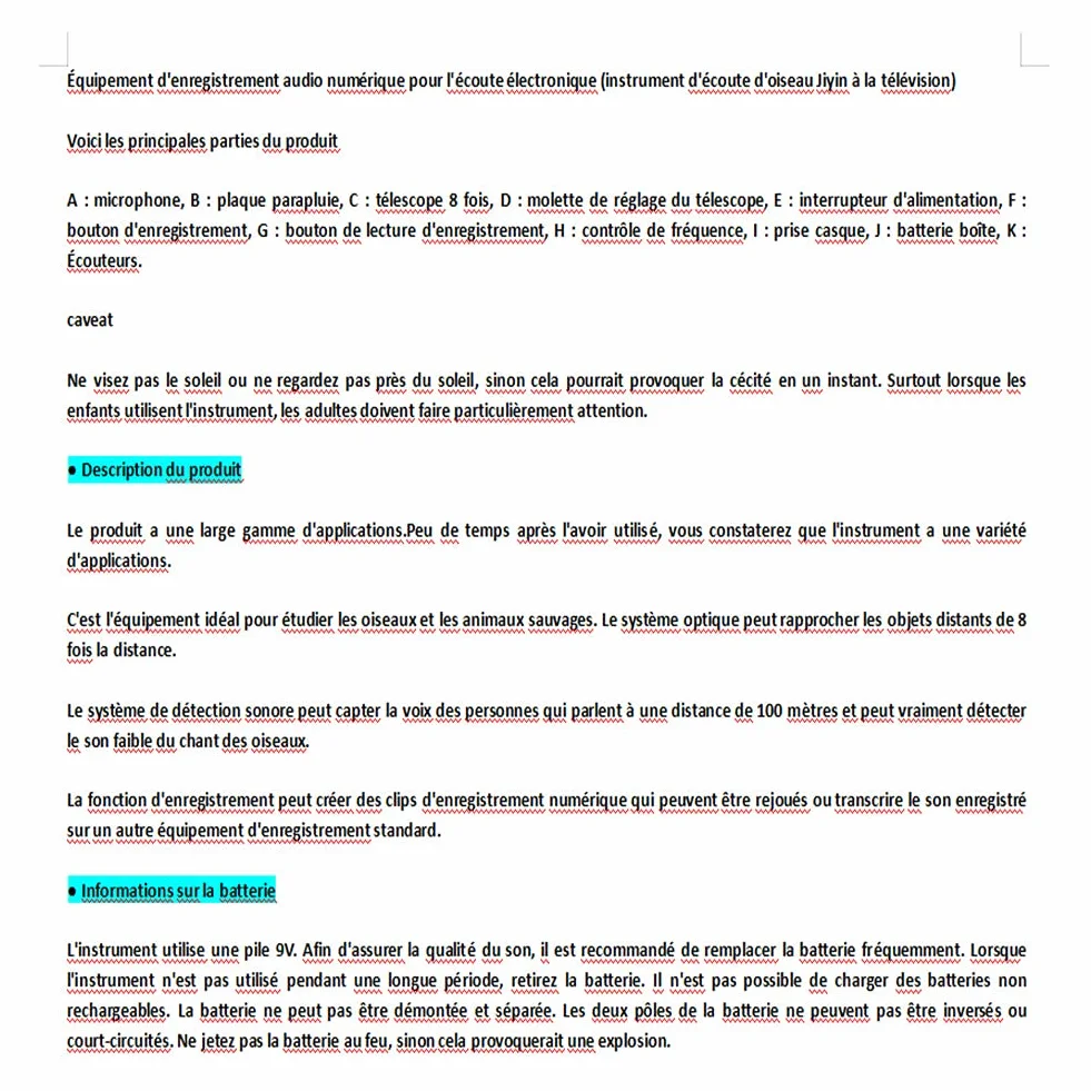 Dispositif d'observation de nature de zoom de l'amplificateur de son 8X populaire avec fonction d'enregistrement et de lecture