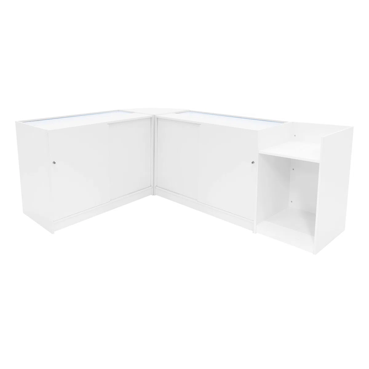 Comptoirs de Vente en MDF Blanc à LED Blancs Ensemble Sagittarius LM60 TB60 B1200 3 Unités de Rangement Étagères Internes Portes Coulissantes Verouillables Réception Bureau Vêtements [Clés INCLUS]