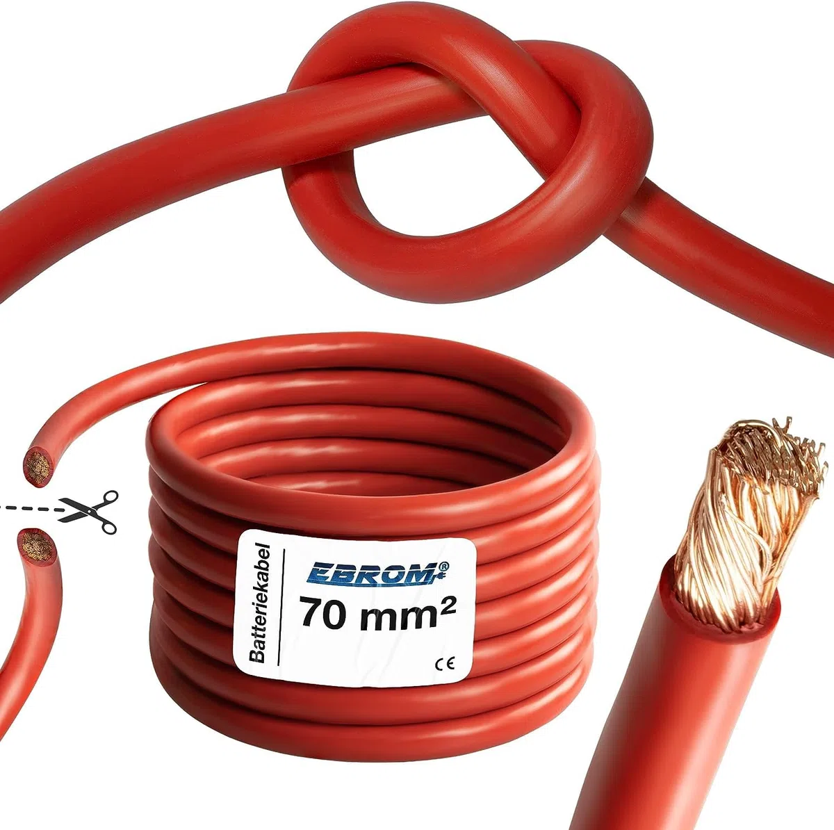 EBROM Câble de batterie très flexible Hi-Flex (Hi Flex) 70 mm² Au mètre en rouge - Très flexible Gaine en PVC (70 ± 5 Shore) 100 % cuivre 70 mm² Comme câble de démarrage, câble de chargement ou autre