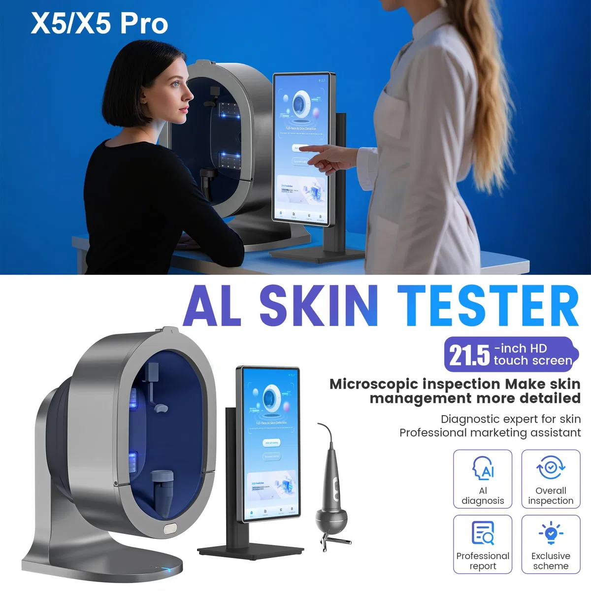 Analyseur de Peau IA X5 Pro, Appareil de Diagnostic Cuté Visage & Cuir Chevelu avec Écran Tactile HD 21.5 Pouces, Détection Multi-Spectral pour Professionnels de Beauté