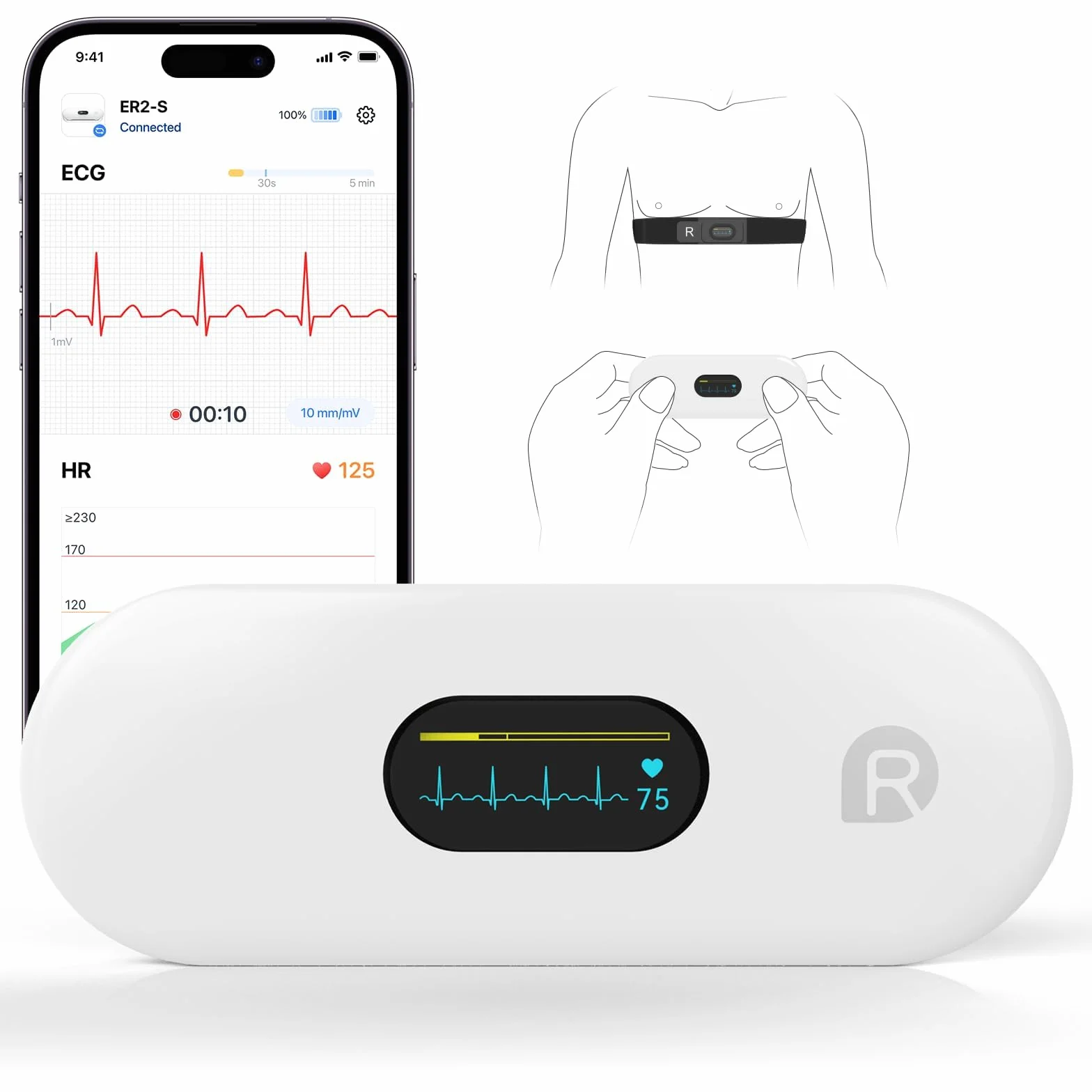 CheckMe ER2-S ECG pour la maison Appareil ECG portable avec ceinture thoracique précise (30 sec. à 15 min. d’enregistrement), visualisation en temps réel via l’application, espace de stockage illimité