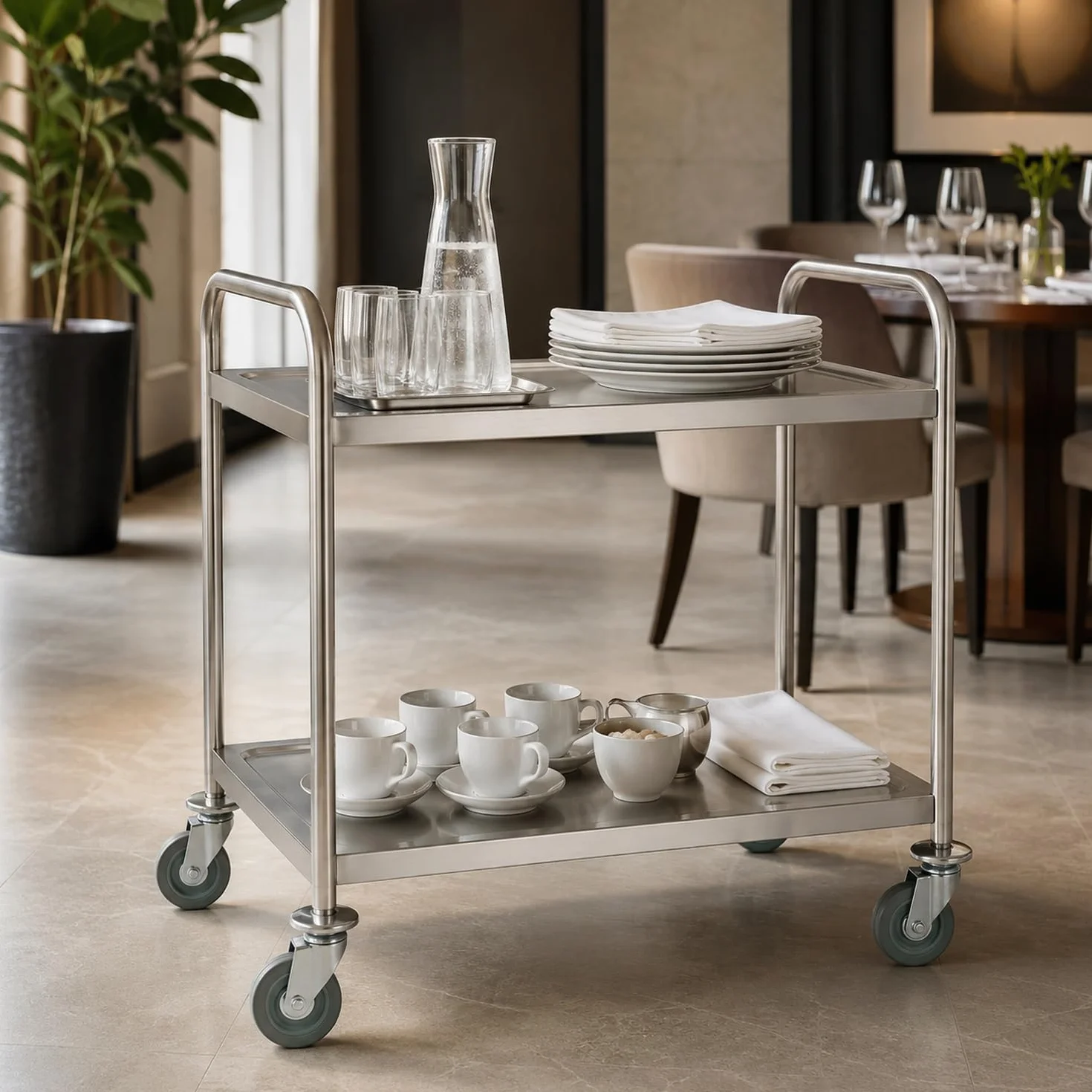 APS Chariot de Service 91 x 59 cm, H: 93 cm Acier Inoxydable natte, 2 Borde