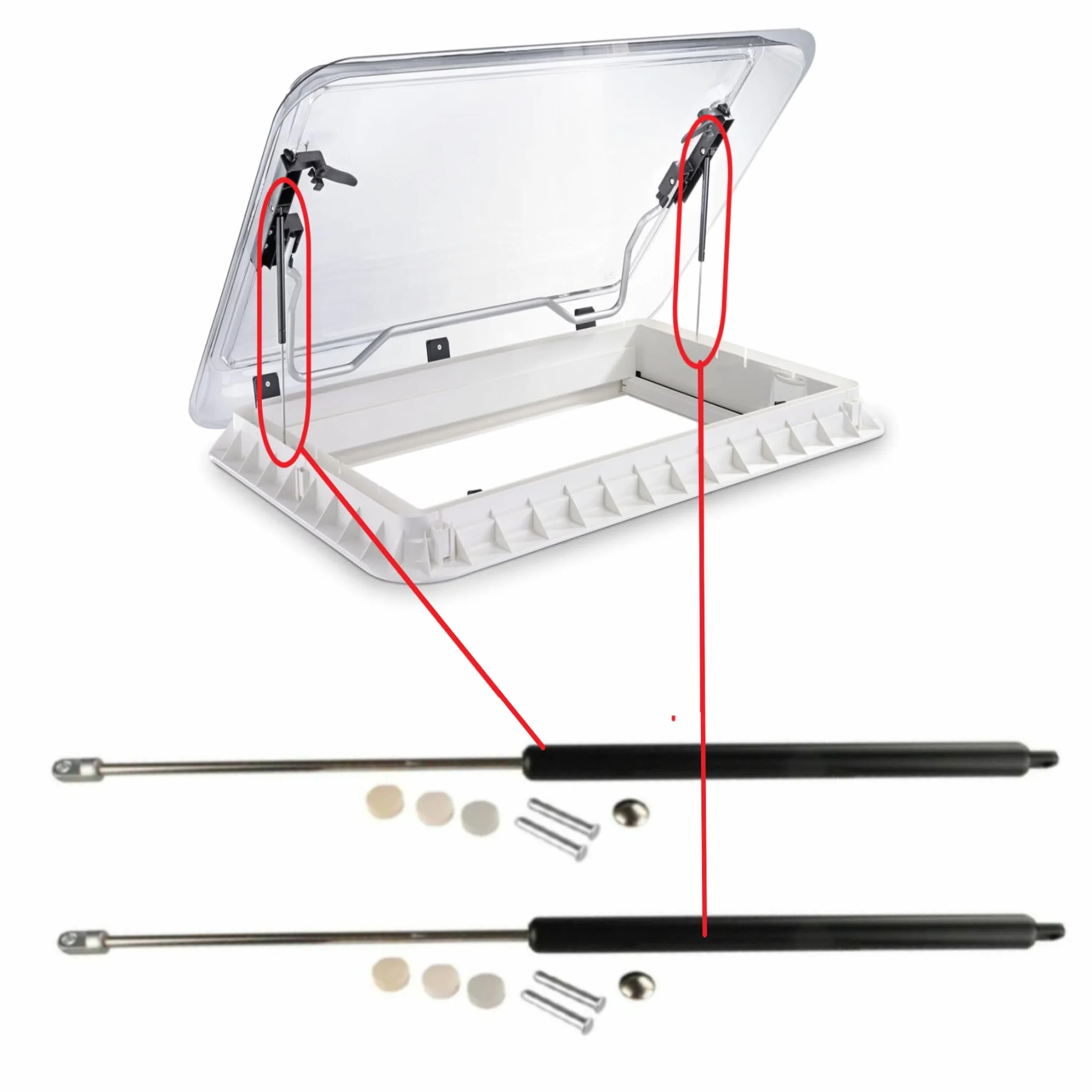 Kit de Remplacement de Ressort à Gaz Compatible avec le Puits de Lumière Seitz Dometic Heki 2. Accessoires Caravane ou Camping-car. (Kit d'Installation Complet.)