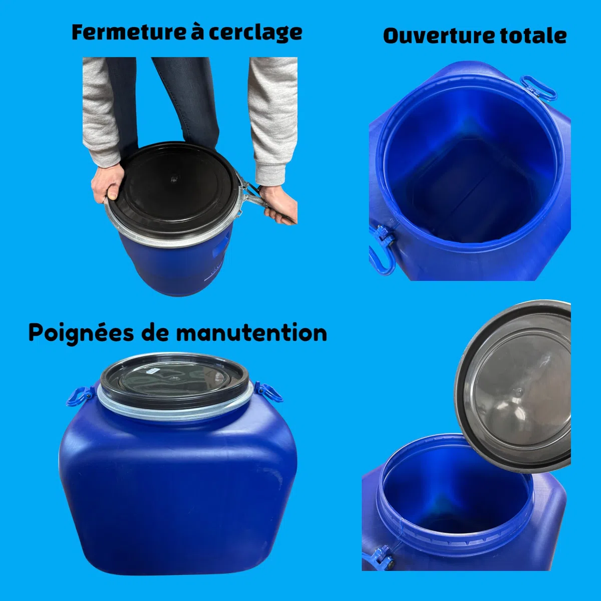 FUT Plastique 60 litres avec Couvercle Amovible – Bidon Bleu à Ouverture Totale pour Stockage de Liquides et Solides – Résistant, Pratique et Polyvalent