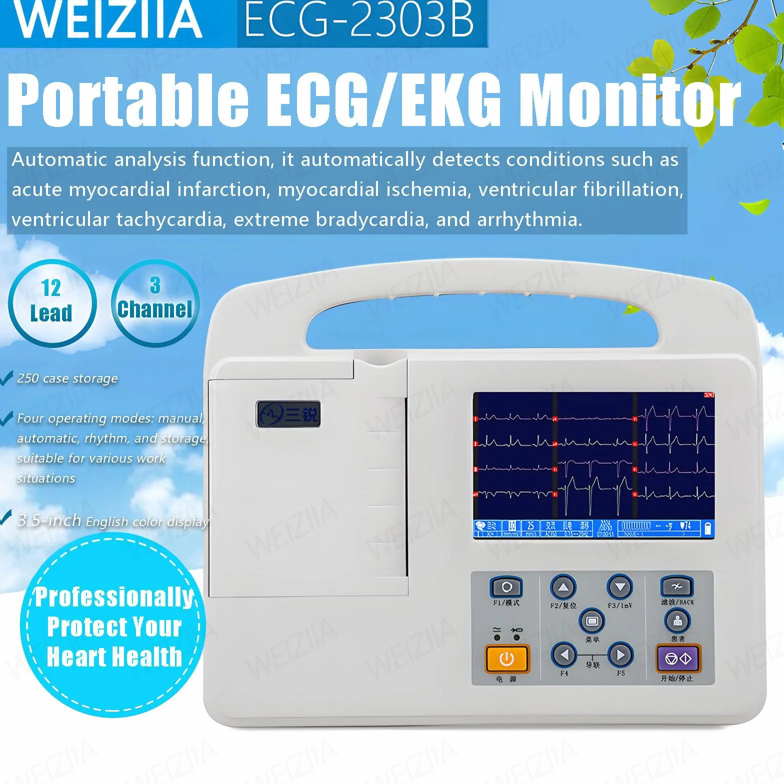 Électrocardiographe numérique Portable à 12 dérivations et 3 canaux, écran LCD Couleur, pour la santé Cardiaque, pour Les Soins intensifs et à Domicile, avec Papier d'impression.
