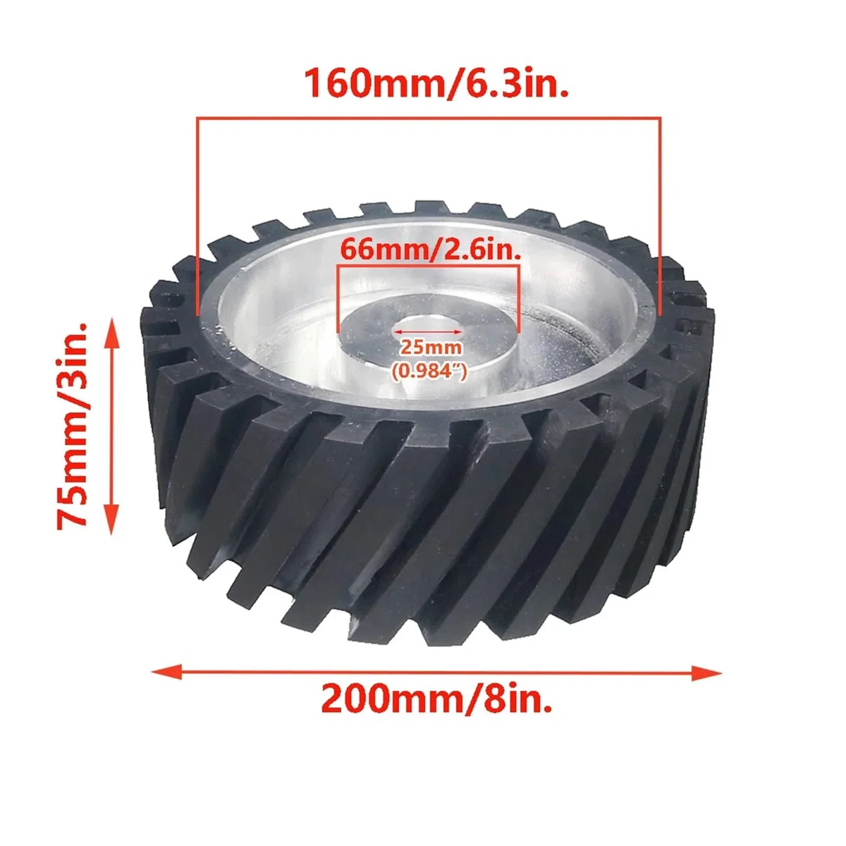 Roue de contact en caoutchouc dentelée 200 x 75 mm, équilibrée dynamiquement, for ponceuse à bande(6004 installed 20,Medium 70A)