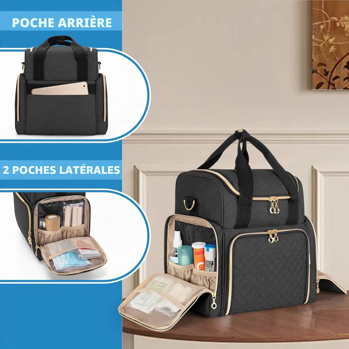 Luxja Grand Sac de Médecine avec 2 Étuis Amovibles, Sac de Rangement de Médicaments avec Plusieurs Sections de Rangement (Adaptées aux Voyages ou à la Maison), Noir