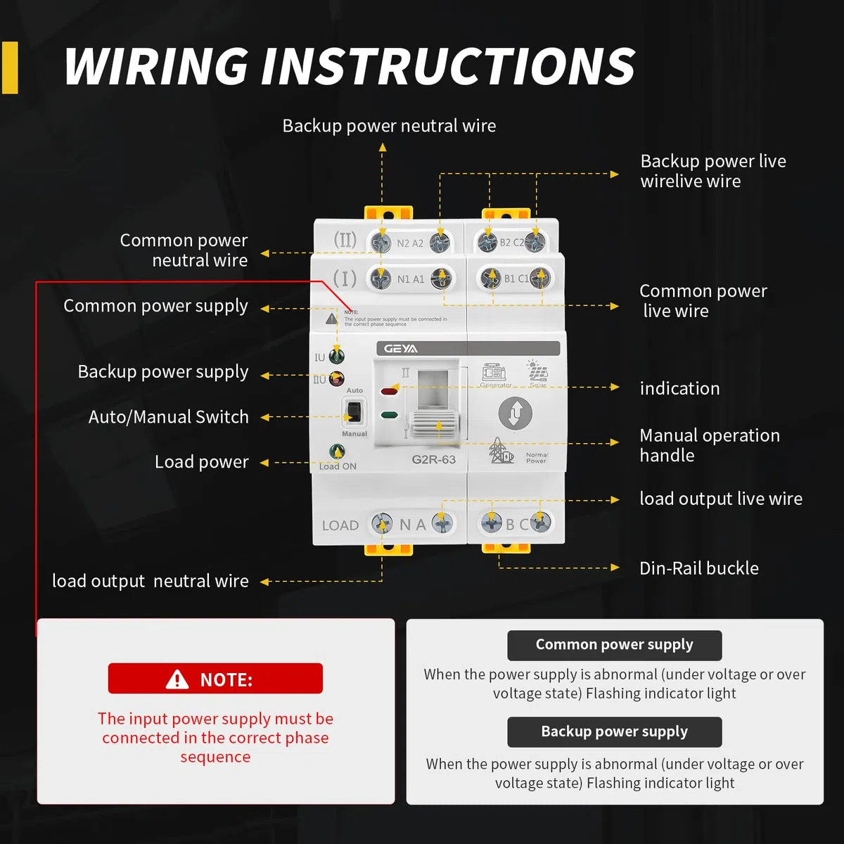 GEYA Mini ATS Interrupteur de transfert double alimentation automatique et manuel,interrupteur solaire avec protection surtension et sous-tension,montage sur rail DIN(2P-63A,CA220V)