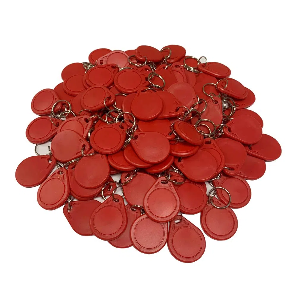 (paquet de 100) HFeng 13.56MHz RFID Contrôle D'accès Porte-clés Proximité MF 1k Porte-clés Smart IC Keycard pour porte Système maison nfc jeton tag (rouge)